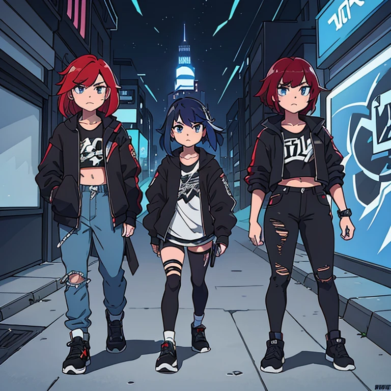 Au centre de la composition, The main character stands with his mech, arborant un style streetwear, while the other two girls have an urban look. Next to the main character, Asuka is present, wearing her streetwear outfit with ripped jeans, un t-shirt noir, une veste en cuir et des baskets. Her red hair falls over her shoulders, And his confident demeanor emanates from his gaze. The Wick, with its redesigned armor and graffiti patterns in black and silver, stands by his side, with blue neon lights illuminating her arms and legs. The result is a striking visual composition, mixing streetwear and urban styles while maintaining a touch of mystery and originality. Le personnage principal de "Kill la Kill" Stands nearby, adding a familiar touch to the whole without naming the anime it belongs to.