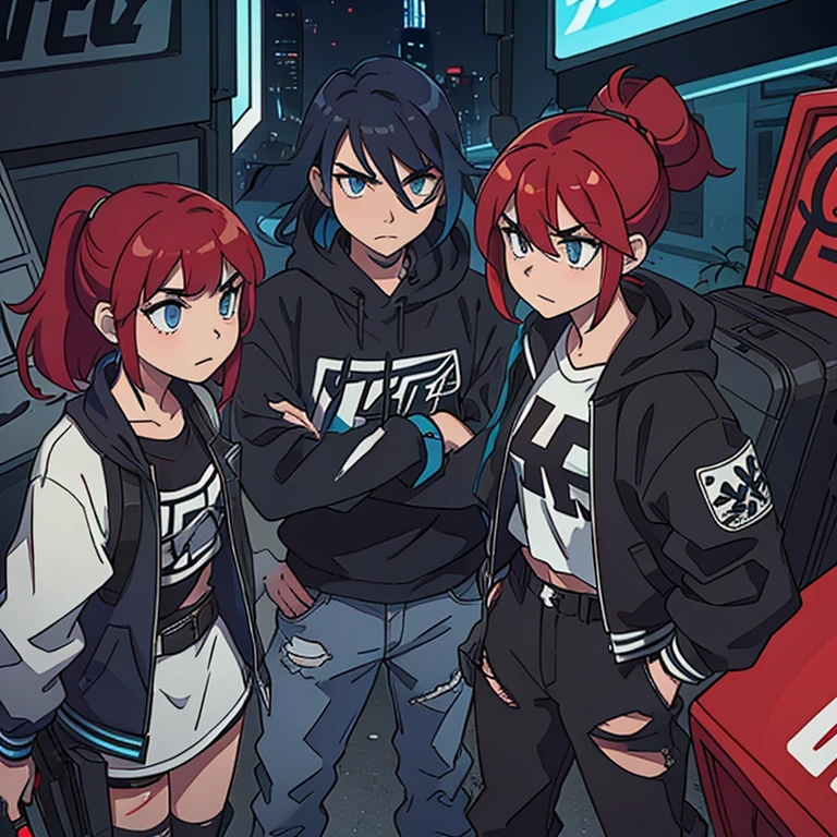 Au centre de la composition, The main character stands with his mech, arborant un style streetwear, while the other two girls have an urban look. Next to the main character, Asuka is present, wearing her streetwear outfit with ripped jeans, un t-shirt noir, une veste en cuir et des baskets. Her red hair falls over her shoulders, And his confident demeanor emanates from his gaze. The Wick, with its redesigned armor and graffiti patterns in black and silver, stands by his side, with blue neon lights illuminating her arms and legs. The result is a striking visual composition, mixing streetwear and urban styles while maintaining a touch of mystery and originality. Le personnage principal de "Kill la Kill" Stands nearby, adding a familiar touch to the whole without naming the anime it belongs to.