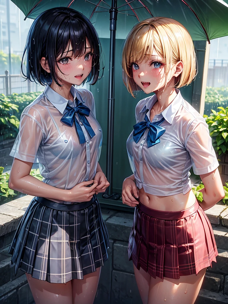 (highest quality)), ((masterpiece)), (family friendly), Perfect Face,Shiny skin,Beautiful breasts,Shiny skin、Kyoto Animation style painting、(((Short Bob)))、、(((Double teeth)))、Sunburned skin、night、
、Belly button、cyber punk、Prone、{school uniform,Short sleeve shirt,BREAK,(Checked skirt:1.2),、(((See-through)))、(((sweat)))、(((Wet)))、(((Close Contact)))、(((rain、garden)))、(((close)))