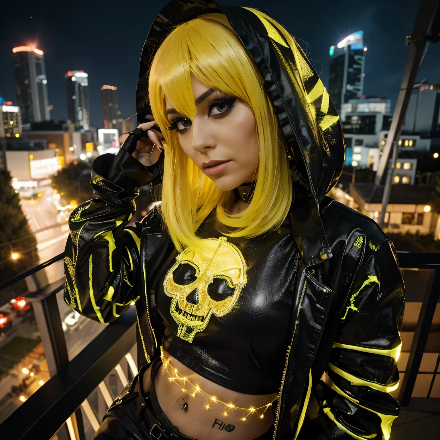 real and realistic photo. woman with fluorescent yellow wig, catrina makeup, black leather clothing with yellow lights. she is on a balcony, in the background you can see a highway
