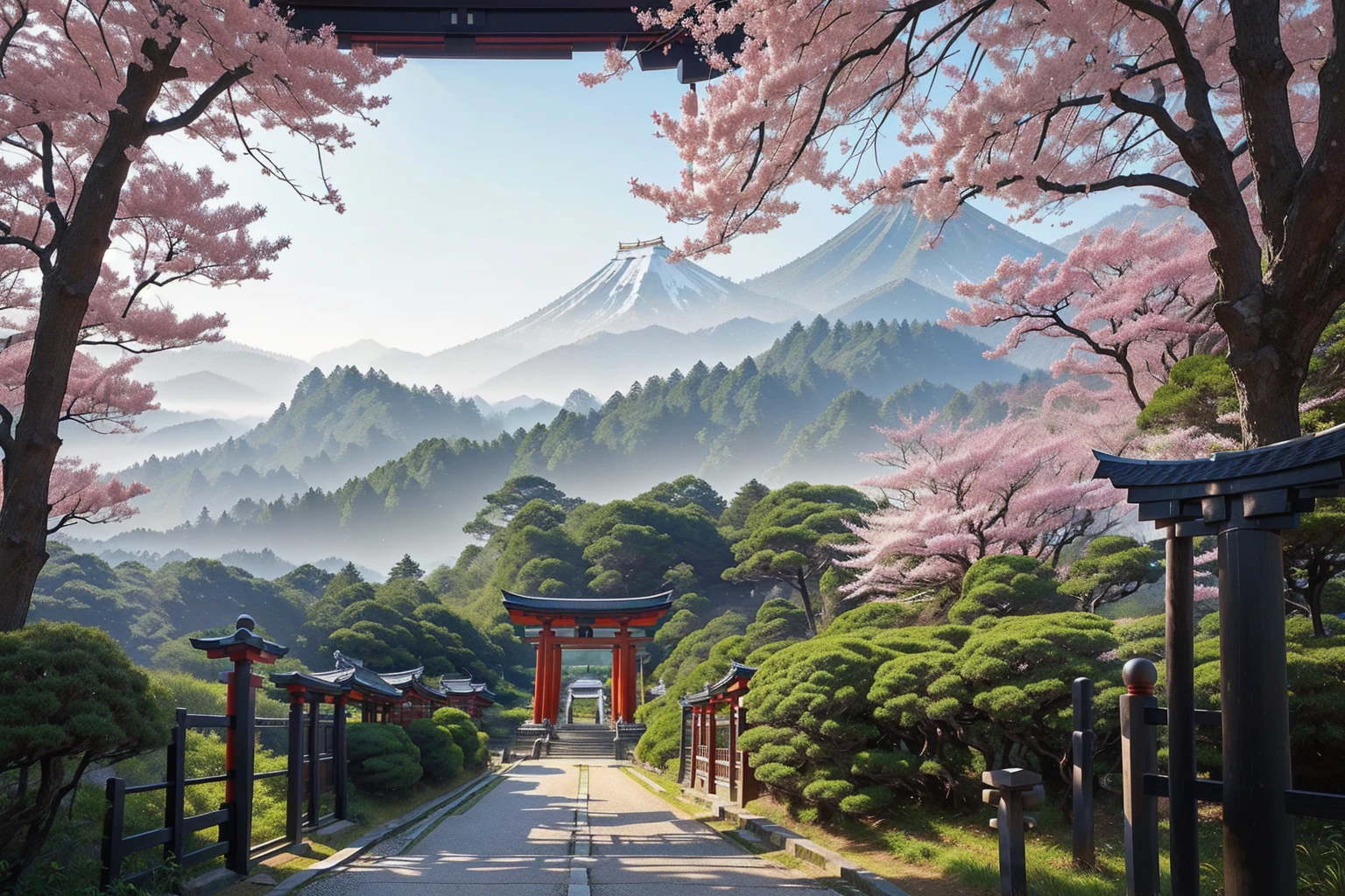 Arafad view with gate and path leading to the mountain, Mount Japan中的鸟居, Torii gate with trees on the mountain, Japanese Landscape, The Flowery Road to Heaven, Japanese Nature, Japanese travel aesthetics, lush Japanese Landscape, Inspired by Torii Kiymoto, Japanese temples, Mount Japan, Japanese Shrines, Centered Torii，((low angle shot 1.7))