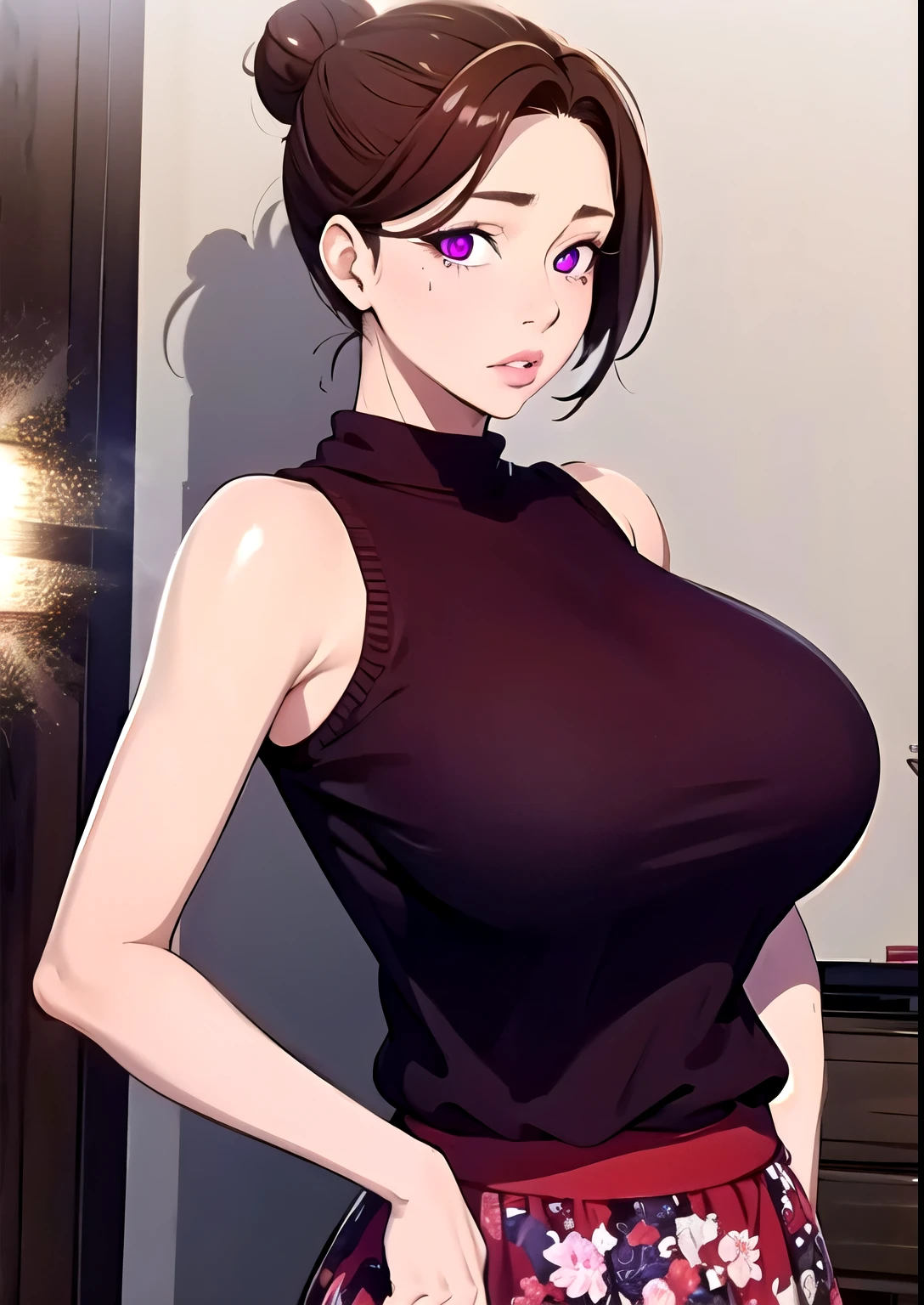 masterpiece:1.5, best quality:1.5, aesthetic, 1girl, sidelocks, cinematic lighting, sharp focus,large breasts , mature female,  ,16k, glowing eyes, detailed 4k eyes,
playground,seduction,sexy lips, parted lips,detailed lips, high detailed background,((big purple eyes)), detailed face,shiny skin,
auntjunev3,auntjune,,hair bun, bangs, messy hair, 
Pink skirt, solo, brown hair, breasts, sleeveless, looking at viewer, large breasts, brown eyes, holding, floral print skirt, bare shoulders, indoors,red sweater, short hair, sweater tucked in,hand on hip,