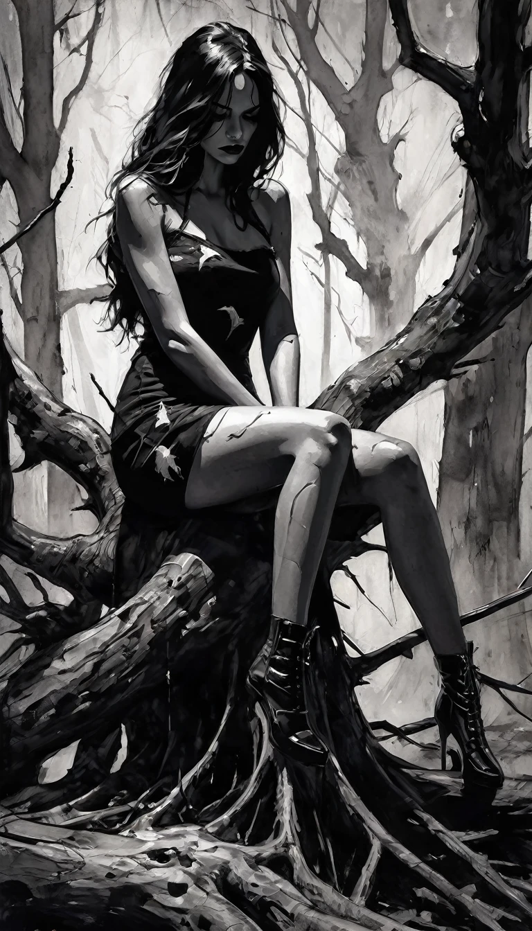 a large dry tree, crows, a sexy monster girl with torn clothes sitting at the base of the tree, black and white image, art inspired by Bill Sienkiewicz, crows eroticism, sexy, black and white image, between shadows, oil painting, chiaroscuro, sensual, dramatic lighting, moody atmosphere, photorealistic, intricate details, masterpiece, ultra-detailed, high quality, 8k, best quality, realistic, cinematic, dark and brooding, expressionistic, powerful composition, emotional impact, Bill Sienkiewicz inspired art