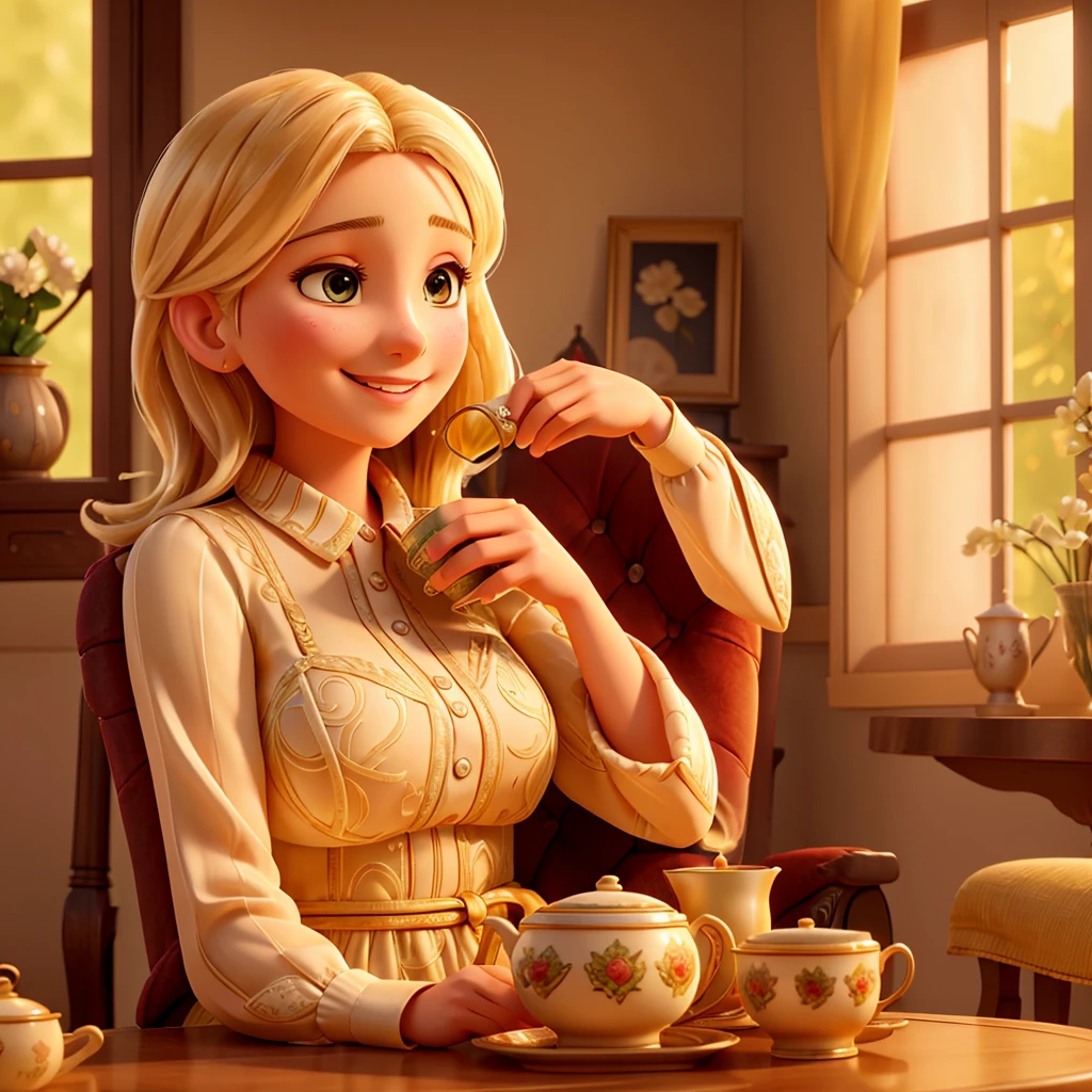 a beautiful blonde woman drinking tea, sitting in a comfortable armchair, golden hour, smiling, detailed facial features, intricate dress patterns, warm ambient lighting, cozy interior, afternoon tea, photorealistic, 8k, high quality, detailed texture, hyper realistic