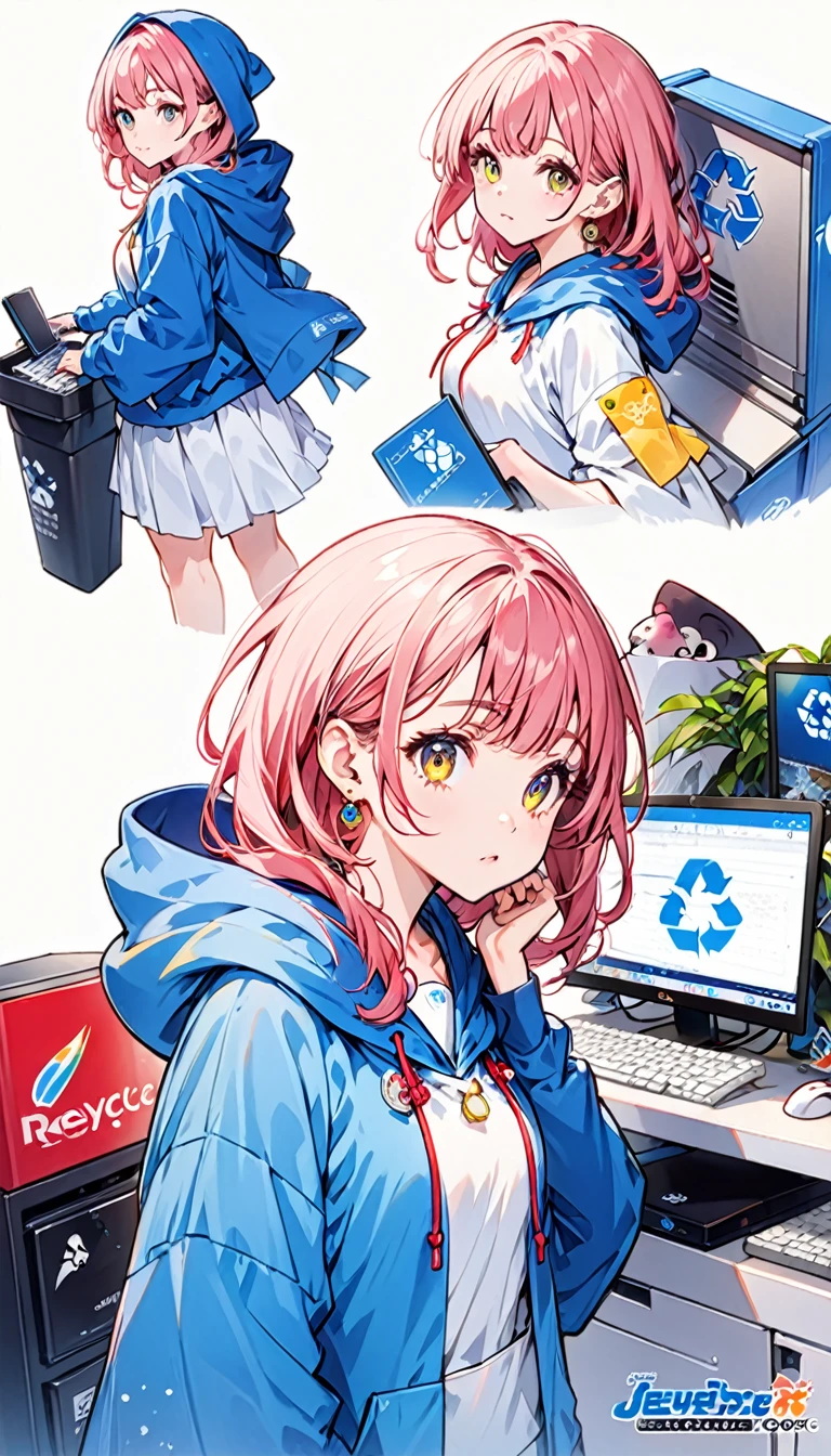 mika pikazo, 1 girl, blue colored eyes, blue hooded cloakie, computer, aretes, hooded cloak, hooded cloakie, jewerly, keyboard (computer), logo, logo parody, mouse (computer), multi colored eyes, pink hair, recycle bin, standing alone, White background, yellow eyes, ,