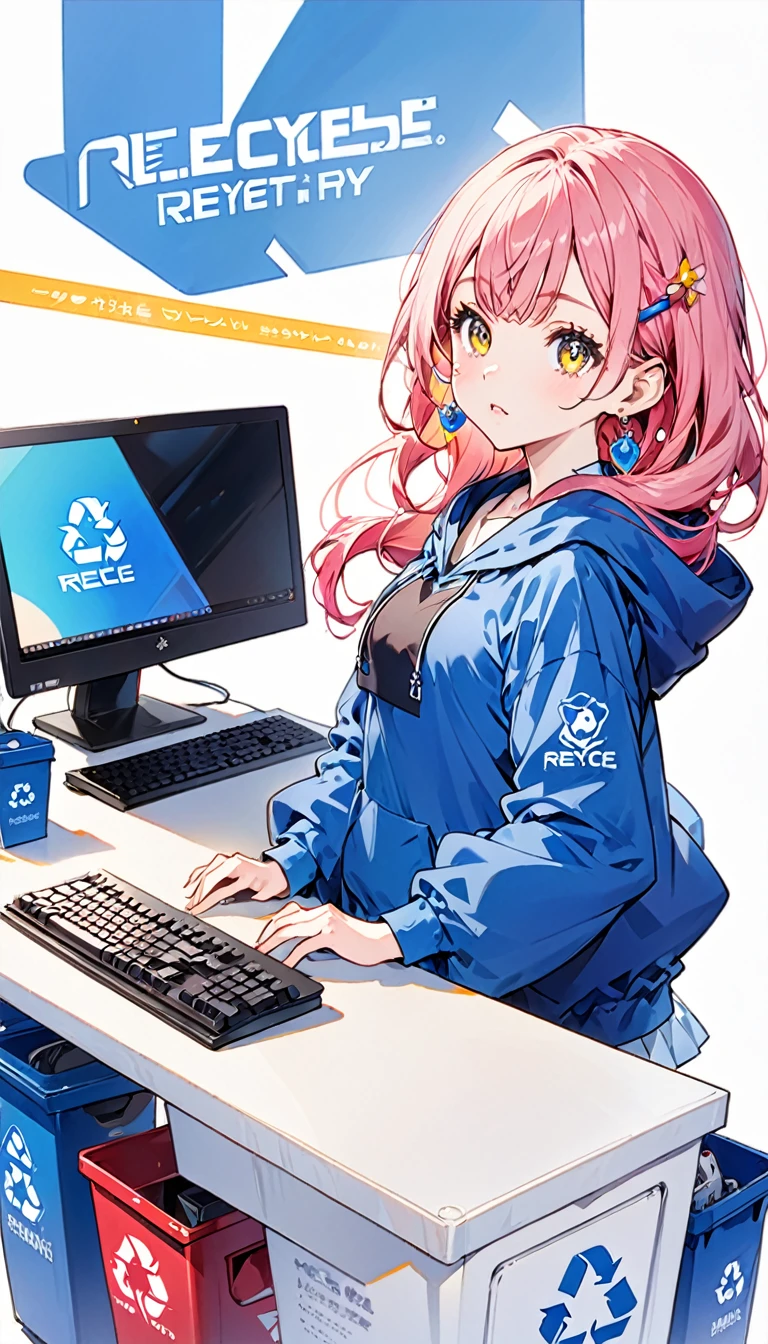 mika pikazo, 1 girl, blue colored eyes, blue hooded cloakie, computer, aretes, hooded cloak, hooded cloakie, jewerly, keyboard (computer), logo, logo parody, mouse (computer), multi colored eyes, pink  hair, recycle bin, standing alone, White background, yellow  eyes, , 