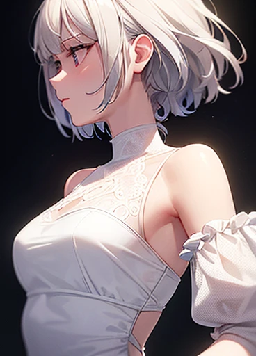 Highest quality,A perfect masterpiece,Perfect artwork,Official Works,8k,, (Upper body portrait:1.3),((View from the side:1.5)),Close-up lens,Delicate face,, 17 years old,White Haired Girl,(hakuhatsu:1.5),Short and medium hair,((White, clear eyes:1.5)),(White Dress:1.2),(Transparent clothing:1.2),(Black background:1.3),, The illusion of pearls,cyber punk,Fashion Trends,3s material,High resolution,Detailed Expression,C4D,3d,Octane Rendering,Ray Tracing,Intricate details,Animation lighting,OCrenderer,
