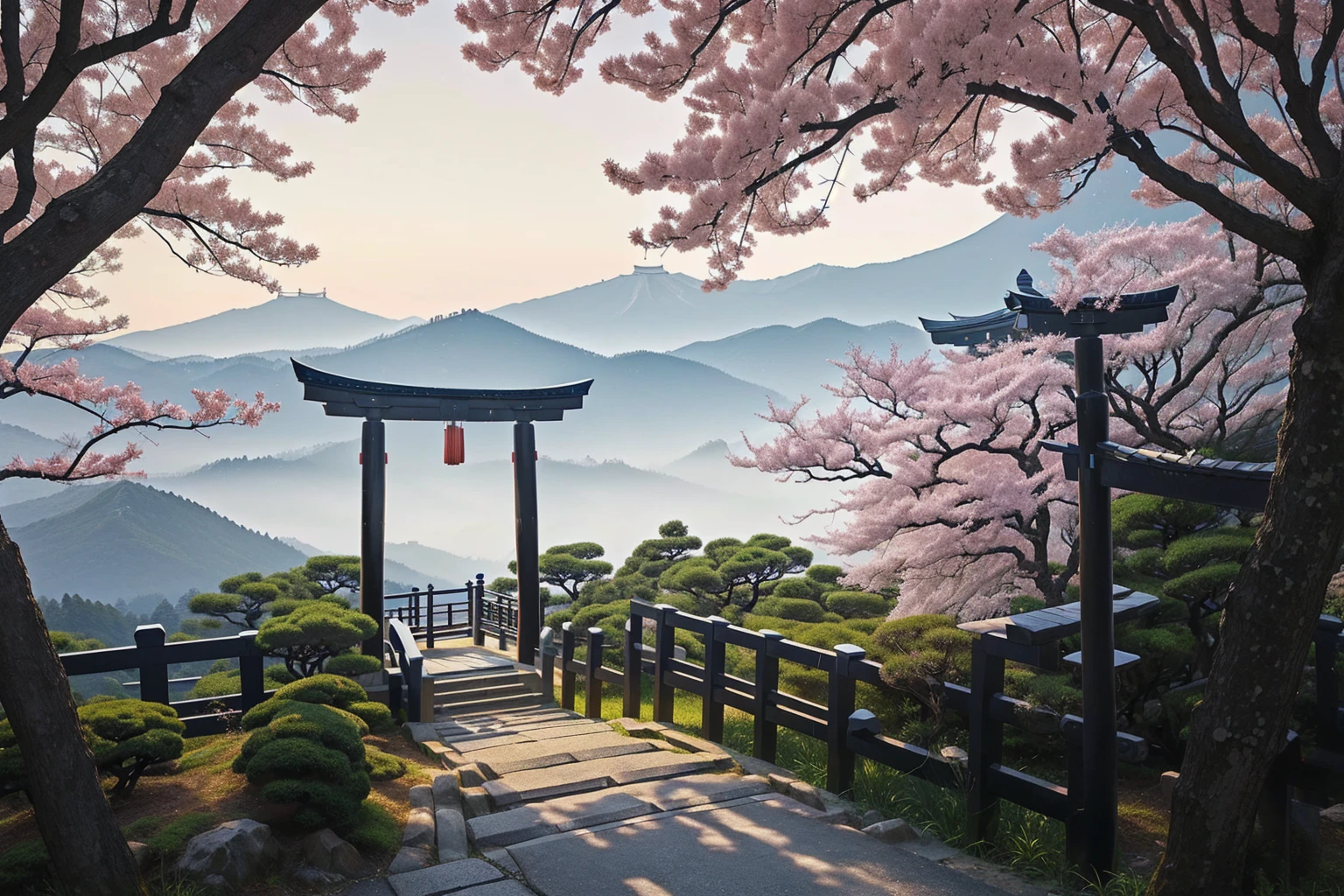 Arafad view with gate and path leading to the mountain, Mount Japan中的鸟居, Torii gate with trees on the mountain, Japanese Landscape, The Flowery Road to Heaven, Japanese Nature, Japanese travel aesthetics, lush Japanese Landscape, Inspired by Torii Kiymoto, Japanese temples, Mount Japan, Japanese Shrines, Centered Torii，((low angle shot 1.7))