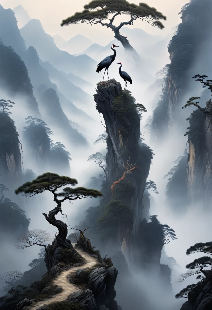 Misty mountains serve as a backdrop to two cranes perched on a contorted, gnarled tree atop a precipice, captured in the style of Hong-Oai Don and Serge Lutens, mist curling around the peaks, cliffside in crisp detail, ethereal atmosphere, digital painting, ultra realistic, dramatic lighting.