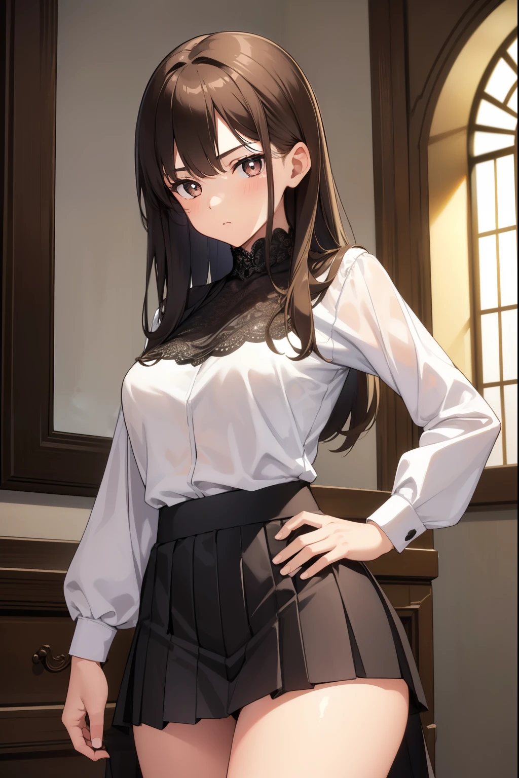 1girl, 20yo,Young female, 4k, high resolution, best quality, masterpiece, perfect colors, perfect shadows, beautiful and detailed portrait of a (((feminine))), perfect lighting, Female, Beautiful brown eyes, fit body, detailed face, (detailed eyes), perfect pupils, Tall, brown long hair, Brown long messy hair, Wide hips, big legs, (B cup breasts),20 year old, Well build, Slightly muscular, Soft abs, Wide thighs, big thighs, wearing a longer skirt but not dress yet and a Lace shirt, medival clothes, Lace shirt, small breasts