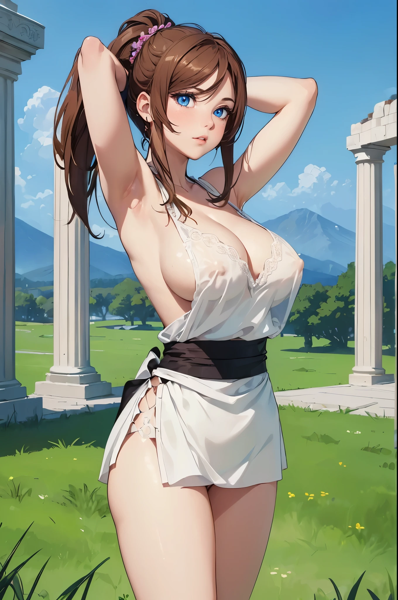 ((1girl, solo)), (large breasts:1.5), beautiful body, (perfect anatomy, perfect body, perfect hands, perfect legs), nice hands, natural proportions, sexy body, standing, arms behind head, armpits BREAK
((extremely detailed face)), blue eyes, (beautiful detailed eyes:1.6), (realistic pupils, realistic iris:1), expressive eyes, ((looking at viewer)), (clear eyes:1.3), (hyperrealistic:1.2), (detailed skin texture:1.2), smooth skin, (blonde hair:1.5), blunt bangs, sidelocks, long hair, gold hairband, (detailed lips:1.2), (attractive lips:1.1), (glossy lips:1.1), perfect face, perfect eyes BREAK
white dress, collarbone, cleavage, (covered nipples:1.3), bare shoulders, ((armlet)), pelvic curtain, (thighs:1.3), ((groin)) BREAK
(masterpiece:1.5), anime-style, top quality, best quality, (beautiful and aesthetic:1.2), (ultra detail:1.5), Ultra-detailed depiction, Ultra-precise depiction, extremely detailed 8k illustration, high resolution, (highly detailed shading:1.2), (realistic lighting:1.4), perfect lighting, vibrant colors, dynamic tones, striking hues, 8k, absurd resolution, perfect shadows, hdr, UHD, ambient lighting, realistic, ultra-realistic, photo realistic, highly detailed, rich detail, luminous colors, fine texture, intricate design, professional illustration, (soft light:1.2), (illustration:0.7)