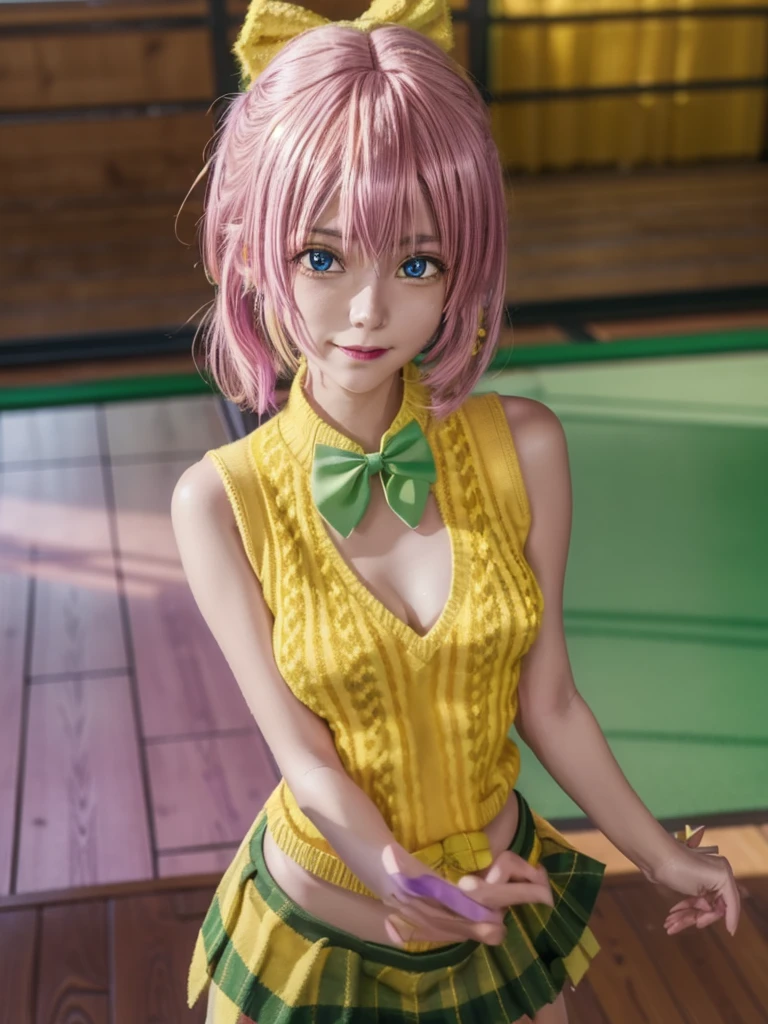 Momodebilke, Deviluke Type, demon tail, Hair Flower, hair ornaments, (Purple eyes:1.1), Pink Hair, short hair, tail, smile,
break demon tail, green skirt, Plaid, Plaid skirt, Sainan High , , skirt, Sweater vest, Knee socks, (Yellow Sweater:1.5), Short sleeve, bow, (green bow:1.5),
break indoors, classroom,
break looking at viewer, (Cowboy Shot:1.5),
break (masterpiece:1.2), Highest quality, High resolution, unity 8k wallpaper, (figure:0.8), (beautiful detailed eyes:1.6), extremely detailed face, Perfect lighting, extremely detailed CG, (Perfect hands, Perfect Anatomy),