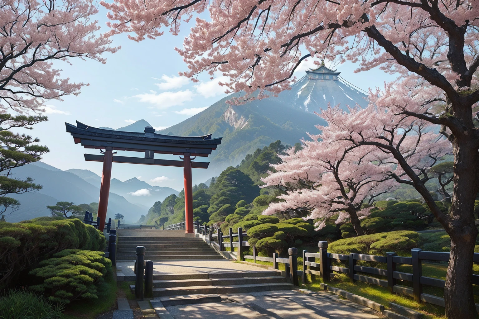 Arafad view with gate and path leading to the mountain, Mount Japan中的鸟居, Torii gate with trees on the mountain, Japanese Landscape, The Flowery Road to Heaven, Japanese Nature, Japanese travel aesthetics, lush Japanese Landscape, Inspired by Torii Kiymoto, Japanese temples, Mount Japan, Japanese Shrines, Centered Torii,((low angle shot 1.7))