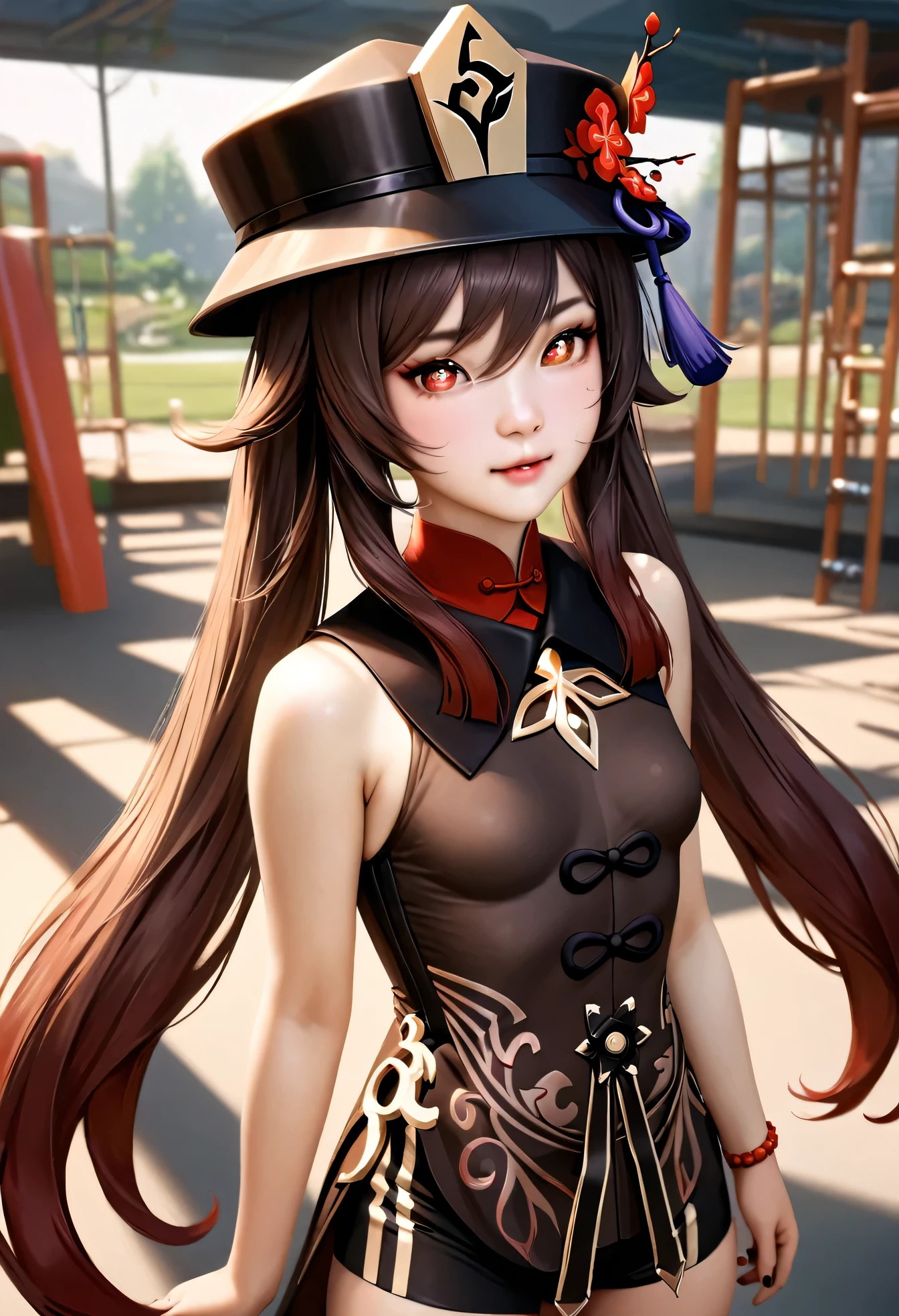 animetoreal,soft light, masterpiece, best quality,high quality,delicate face, realistic,photorealistic,1girl,,hu tao,hu_tao(genshin impact), long brown hair, red eyes, twin tails, small breasts, hat, Chinese clothing, white socks,,playground