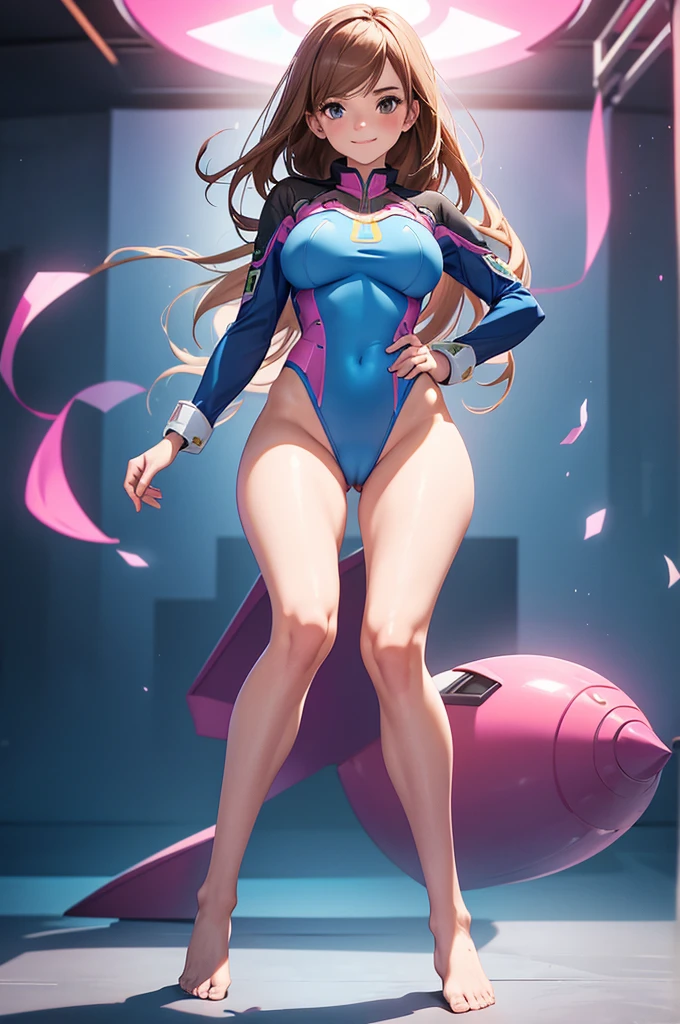 whole body view of adult Emma Watson as D.VA from overwatch in her classic blue and pink textile whole bodysuit uniform standing still looking at viewer, slender body, long wavy brown red floating hair, bang, nice smile, shy smile, whole body, Ideal golden ratio composition, masterpiece, Best quality, 4K, Sharp Focus, Ideal Anatomy, without shoes, Beautiful legs, whole body, whole body shot, 1 girl, action pose, nsfv, big breasts, blue thong, whole body, Transparent background, without shoes, bare feet, bare feet, Beautiful legs,thick thighs, hip gap, camel's foot, big breasts, hard nipples, funny , slippage, Visible areolas, visible nipple,