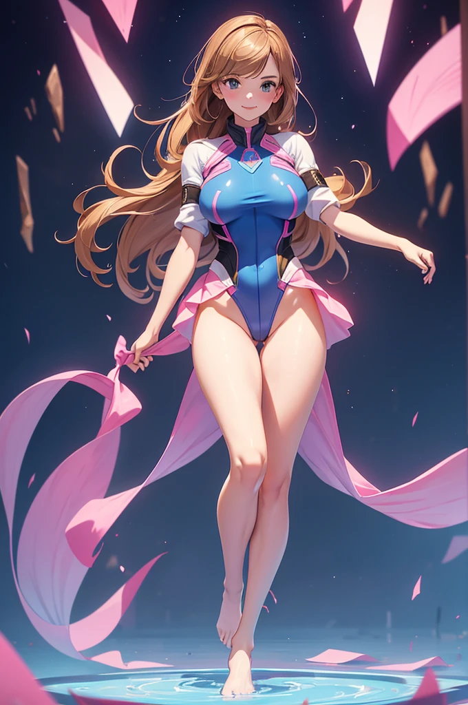whole body view of adult Emma Watson as D.VA from overwatch in her classic blue and pink textile whole bodysuit uniform standing still looking at viewer, slender body, long wavy brown red floating hair, bang, nice smile, shy smile, whole body, Ideal golden ratio composition, masterpiece, Best quality, 4K, Sharp Focus, Ideal Anatomy, without shoes, Beautiful legs, whole body, whole body shot, 1 girl, action pose, nsfv, big breasts, blue thong, whole body, Transparent background, without shoes, bare feet, bare feet, Beautiful legs,thick thighs, hip gap, camel's foot, big breasts, hard nipples, funny , slippage, Visible areolas, visible nipple,