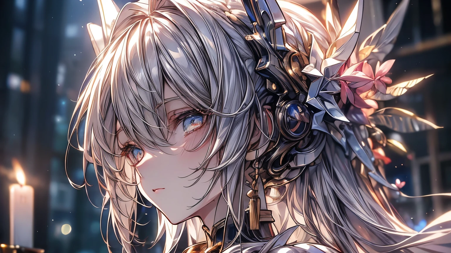 ((Masterpiece)), (Anime:1.3), ((best quality)), (RAW photo: 1.2), (High Definition:1.3), (Professional Photography:1.2), (12 years old), profile, from side, silver hair, gold eyes, Gorgeous white clothes, (looking up:1.5), upper body, Fair skin, soft braids, (faint candlelight), hairs in the air,