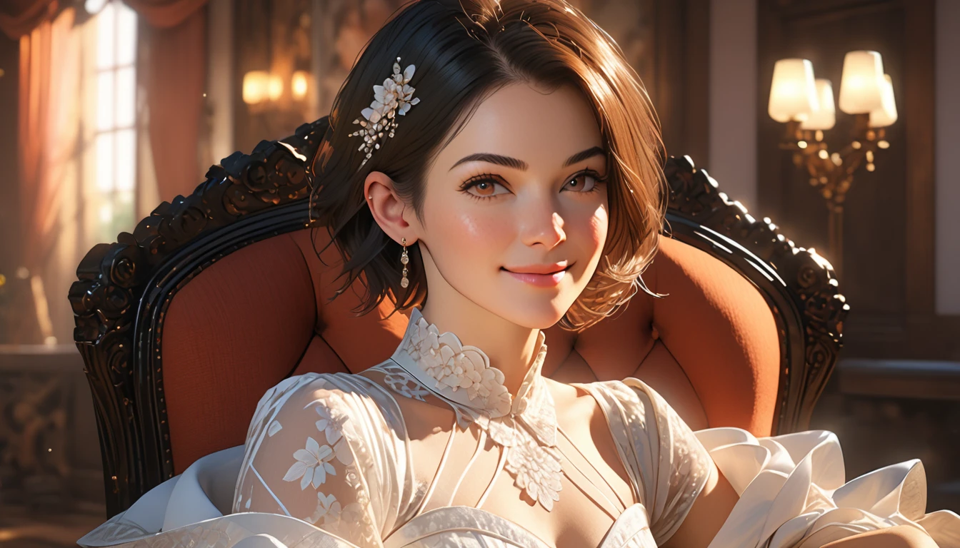 Create a masterful full-body digital portrait in ultra-high resolution (16K, 64 megapixels) of a mature thirty year old Caucasian woman(solo:1.5). She should have short hair and a richly detailed, heavily freckled face and body. her skin should be milky white, her physique is athletic and toned, with very small breasts(small breasts like a boy:1.1) , reflecting a flat-chested appearance. Dress her in goth clothing and position her seated on a throne in a sophisticated room setting. Use the rule of thirds for composition, capturing her smiling as she gazes directly into the camera. Employ a polychromatic pastel color palette for a soft, cinematic feel. The background should be detailed with subtle bokeh effects and soft backlighting to enhance depth. Ensure the portrait is hyper-detailed and photorealistic, utilizing advanced rendering techniques like Unreal Engine and Octane Render, with cinematic lighting, intricate details, volumetric effects, and HDR for an exceptionally lifelike appearance.