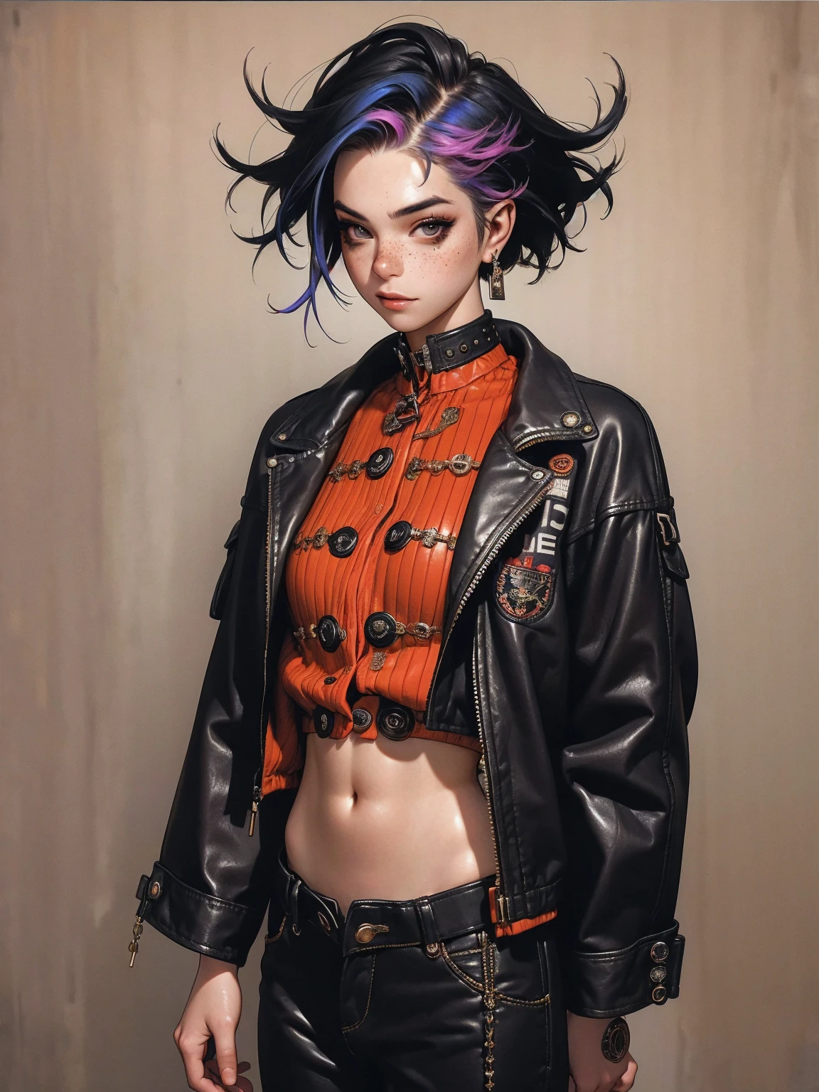 (((best qualityer))), (((manga strokes))), (((freckles))), (((colorful punk hair))), jacket with rivets and screws, uma Kizi jovem muito bem vestida com roupas modernas de inverno, pants with red and black zig-zag pattern, top gift vertical stripes, short jacket with dark fur collar, beautiful and expressive face, slightly-smile, big eyes with long black eyelashes, heavy make-up, chains and zippers spread across clothes, contrasting colours, pose de atitude, hair with a modern and futuristic cut, urban game poster art, dramatic camera angles, graffiti art elements in the background, design mixing contemporary and retro by Shepard Fairey, (((cowboy shot))), (((best qualityer: 1.4))), (Unbeatable masterpiece), (hiper HD),(CG 8k hyper-realistic), Kizi, (((standing alone))), pirralha violent, (((14歳))), sexly, pose de atitude, work of art, post-apocalypse, (((manga style))), bounty hunter, violent, Manic, the way you want, slenderbody, thin but strong, perfectbody, roupa moderna, advanced technology, neon, sleeves with vertical striped pattern, neutral background, (( cowboy shot )). intricate visual