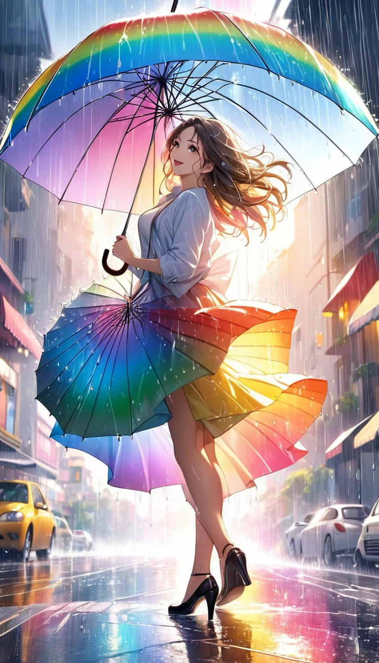 masterpiece, Highest quality, Realistic, Very detailed, In detail, High resolution, 8k wallpaper, One beautiful woman, Flashy and dynamic depiction, Beautiful woman having fun with an umbrella, Like a scene from a movie, Rainbow-colored rain pours down, splash, Sunlight passing through the clouds, Twinkle effect