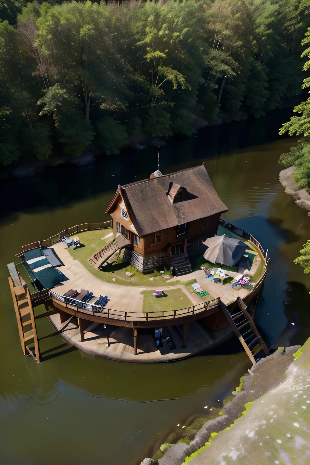 "Aerial photo of a wooden fort in a forest. The fort measures 4m x 5m and is located 10 meters from the edge of an upstream river, on a 20m x 40m plot of land. The fort is surrounded by a tall wooden fence, 10 meters high. There is a bathroom by the river and five storage sheds outside the fort."