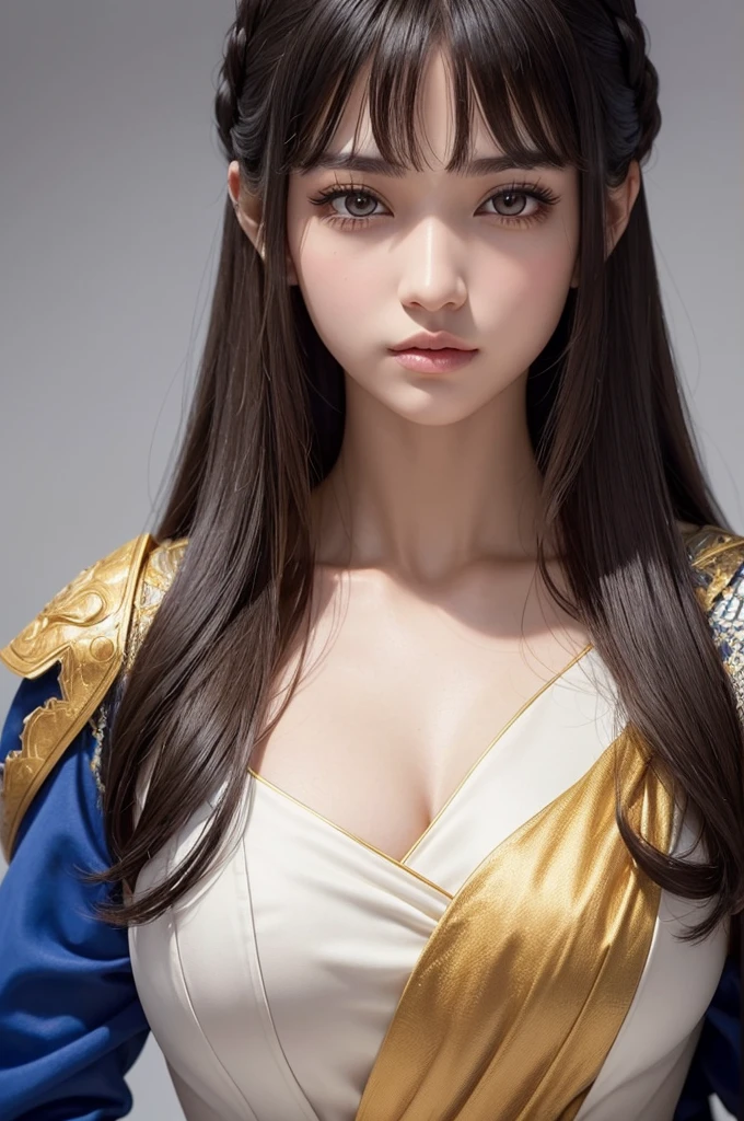 ((detailed artwork)). fair-skinned girl with sharp golden eyes and long eyelashes, having extremely long white cropped hair with bangs and thick, short eyebrows, wearing a white and gold royal dress highlighting her very full breasts.
