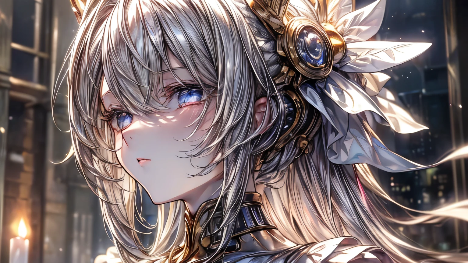 ((Masterpiece)), (Anime:1.3), ((best quality)), (RAW photo: 1.2), (High Definition:1.3), (Professional Photography:1.2), (), profile, from side, silver hair, gold eyes, Gorgeous white clothes, (looking up:1.5), upper body, Fair skin, soft braids, (faint candlelight), hairs in the air,
