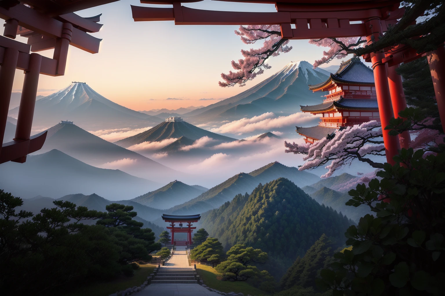 Arafad view with gate and path leading to the mountain, Mount Japan中的鸟居, Torii gate with trees on the mountain, Japanese Landscape, The Flowery Road to Heaven, Japanese Nature, Japanese travel aesthetics, lush Japanese Landscape, Inspired by Torii Kiymoto, Japanese temples, Mount Japan, Japanese Shrines, Centered Torii，((low angle shot 1.7))