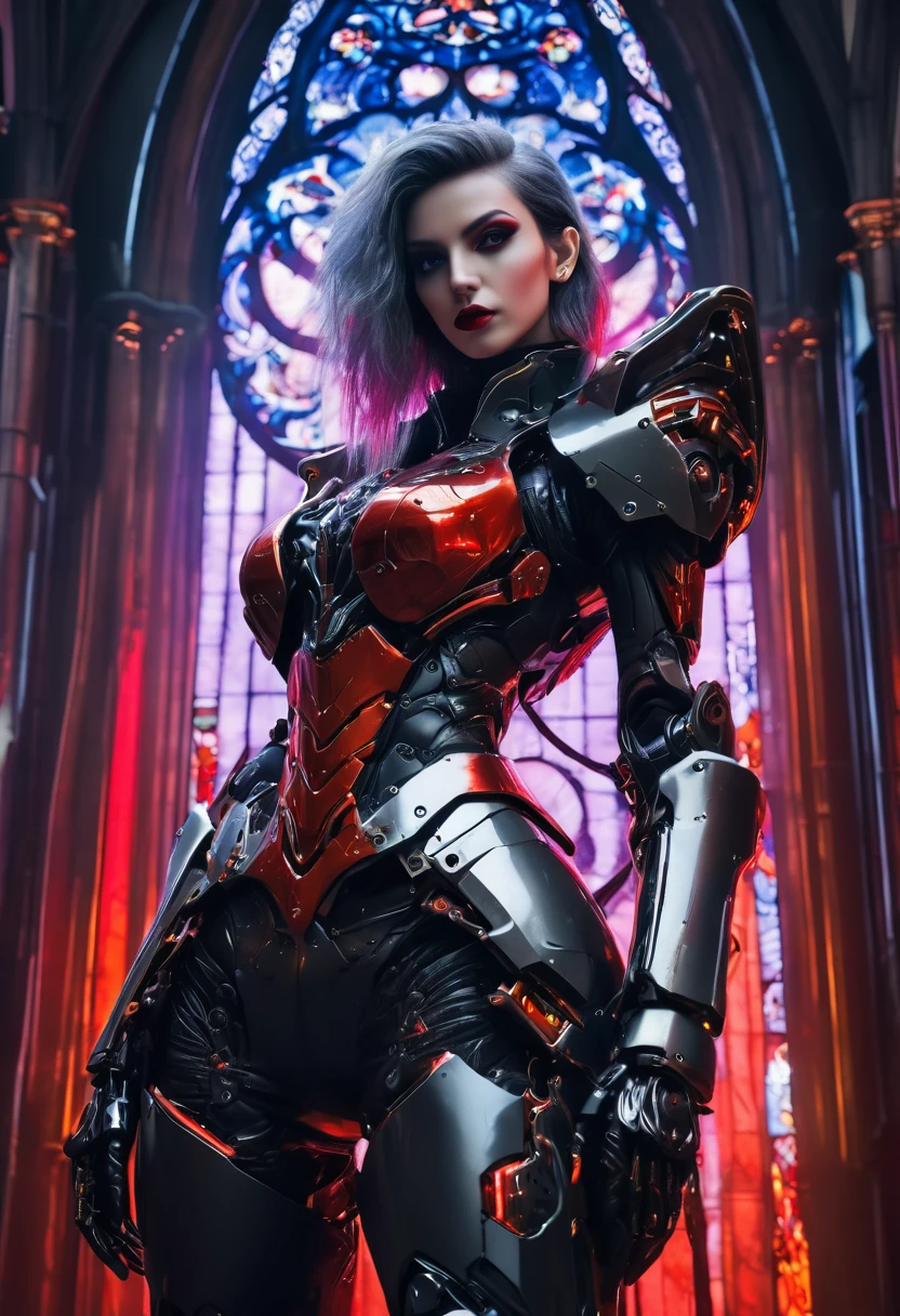 a portrait of mecha female vampire in a dark gothic cyberpunk church, an exotic exquisite beautiful mecha female vampire, dynamic hair color, short hair, dynamic eyes color, intense eyes,  glowing eyes, dynamic eyes color, wearing intricate mech armor, delicate mech armor, delicate blood veins in the armor, wearing thigh high heeled boots, dark gothic cyberpunk church background, vibrant, Ultra-high resolution, High Contrast, (masterpiece:1.5), highest quality, Best aesthetics), best details, best quality, highres, 16k, (ultra detailed: 1.5), masterpiece, best quality, (extremely detailed) RAW, (ultra details, Masterpiece, best quality), Dark Art Painting Style