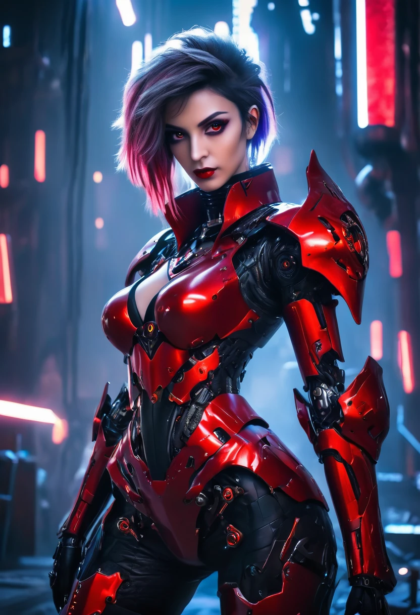 a portrait of mecha female vampire in a dark gothic cyberpunk church, an exotic exquisite beautiful mecha female vampire, dynamic hair color, short hair, dynamic eyes color, intense eyes, glowing eyes, dynamic eyes color, wearing intricate mech armor, delicate mech armor, delicate blood veins in the armor, wearing thigh high heeled boots, dark gothic cyberpunk church background, vibrant, Ultra-high resolution, High Contrast, (masterpiece:1.5), highest quality, Best aesthetics), best details, best quality, highres, 16k, (ultra detailed: 1.5), masterpiece, best quality, (extremely detailed) RAW, (ultra details, Masterpiece, best quality), Dark Art Painting Style