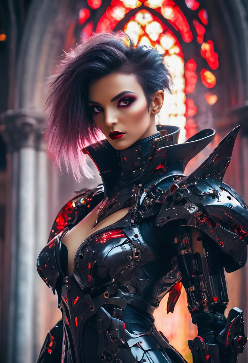 a portrait of mecha female vampire in a dark gothic cyberpunk church, an exotic exquisite beautiful mecha female vampire, dynamic hair color, short hair, dynamic eyes color, intense eyes, glowing eyes, dynamic eyes color, wearing intricate mech armor, delicate mech armor, delicate blood veins in the armor, wearing thigh high heeled boots, dark gothic cyberpunk church background, vibrant, Ultra-high resolution, High Contrast, (masterpiece:1.5), highest quality, Best aesthetics), best details, best quality, highres, 16k, (ultra detailed: 1.5), masterpiece, best quality, (extremely detailed) RAW, (ultra details, Masterpiece, best quality), Dark Art Painting Style