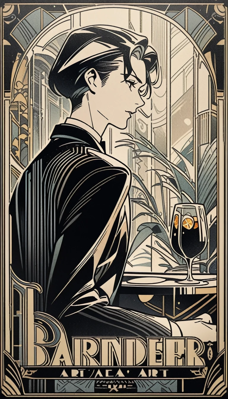 art deco, card, frames, vintage, bar, drinks, art deco poster, high quality, bartender, man, masterpiece, detailed, line art, straight lines, clear art,