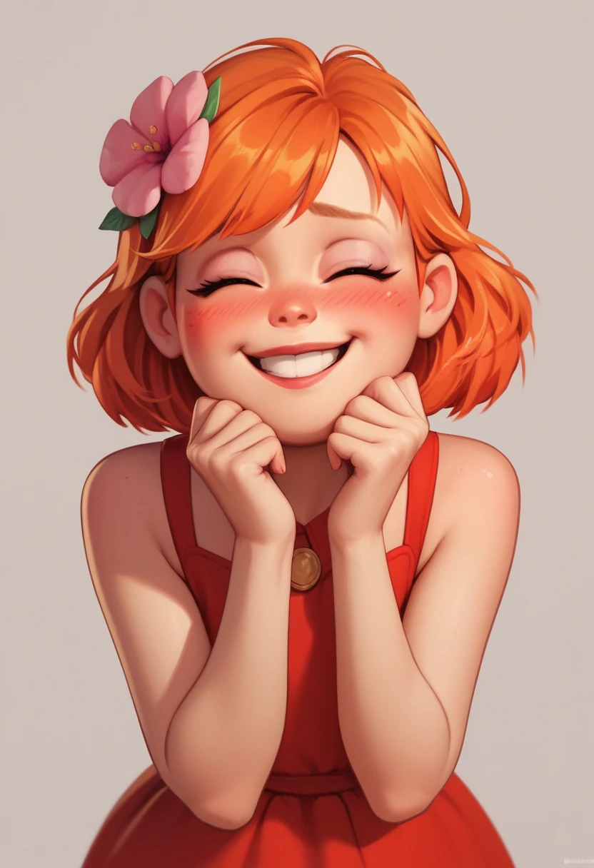 meilinlee, pink flower on hair, orange hair, red dress, makeup, shy smile, blush