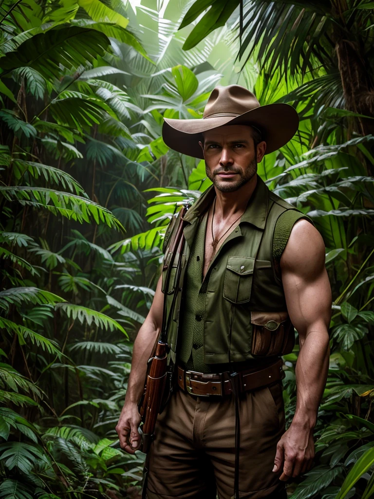 araffe man in a hat and vest standing in a jungle, portrait shot, in a jungle environment, still from a live action movie, matte painting portrait shot, james edmiston, in a jungle, character photography, fan art, live-action adaptation, portrait of an adventurer, movie still 8 k, inspired by John Mossman, martin ansin artwork portrait