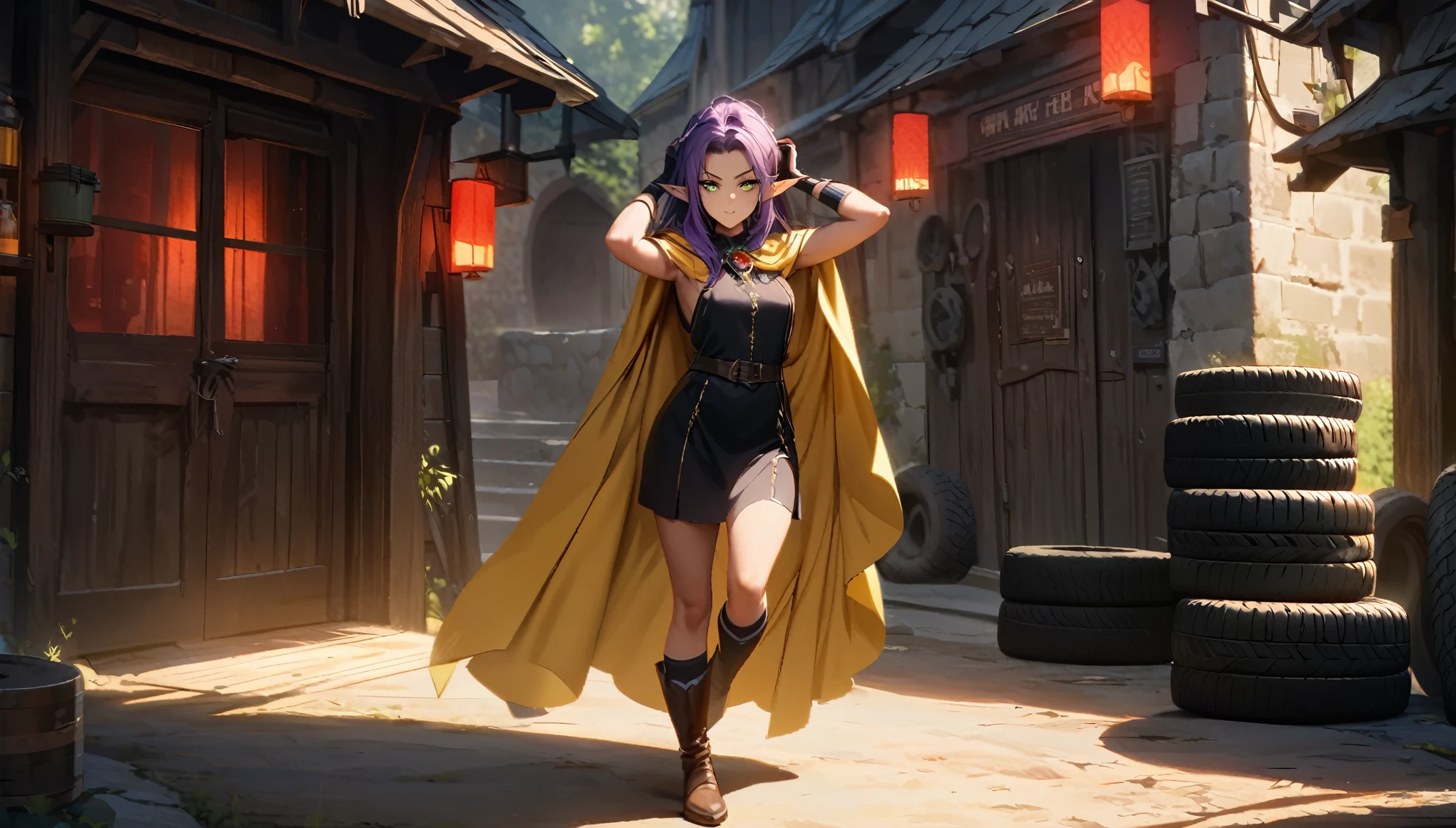 Noble Elf, гMasterpiece, good quality, (1_woman), (Full body), (exotic skin_Complexion), tires, Stand, Nice, exotic, with long elf ears, ((looking away from camera)), big smile, ((Hands above the head)), Carry (((yellow))) hooded cloak), Hood down, (((yellow cape))), brooch, black choker, (Socks) with purple embroidery, long fingerless leather gloves, ((small-sized breast)), Black sleeveless dress, (bright purple hair), long hair, ((nice hair)), realistic and detailed face with diamond-shaped eyes, (((green eyes)), dark_eyeliner, long_eyelashes), Natural dynamic light casts detailed shadows, knee high dark brown boots, Stand outside rustic tavern, woods, mountains in the distance, Sunny day,, serious look, questionable, caring, Investigation procedure, dark alley, natta, natta sky, red light, (Silhouette, hard light:1.2), Nordic style, high quality, beautiful picture, masterclass!