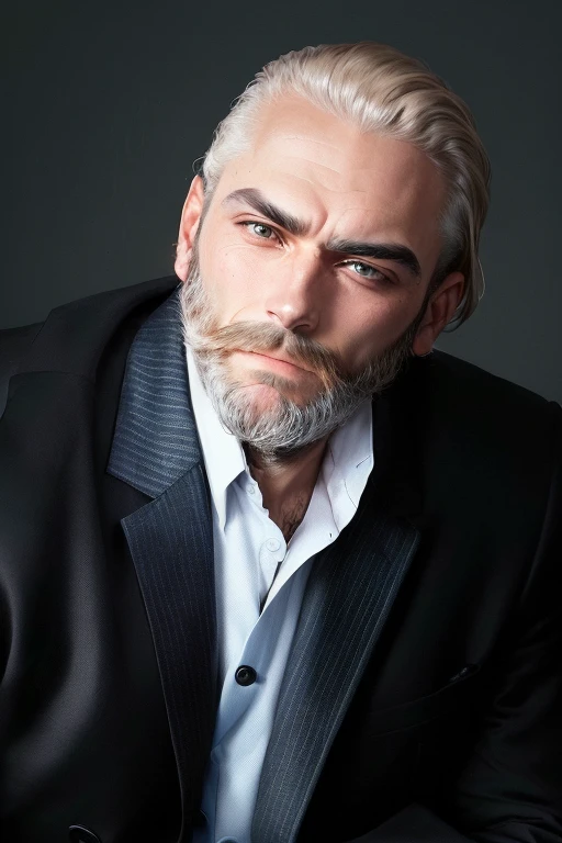 man with a beard in a suit and tie with a serious expression on his face
