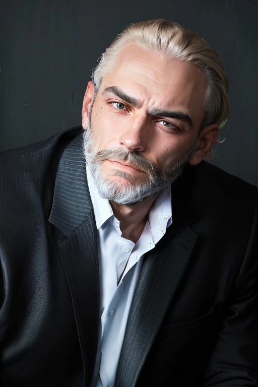 man with a beard in a suit and tie with a serious expression on his face