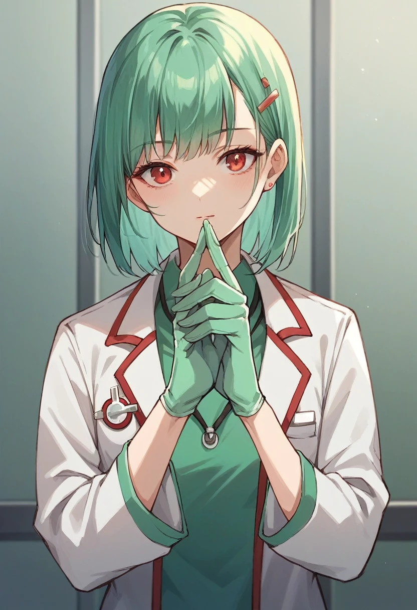 1girl, bangs, ((green medical gloves)), ((((long sleeves)))), looking at viewer, ((red doctor outfit)), standing, solo