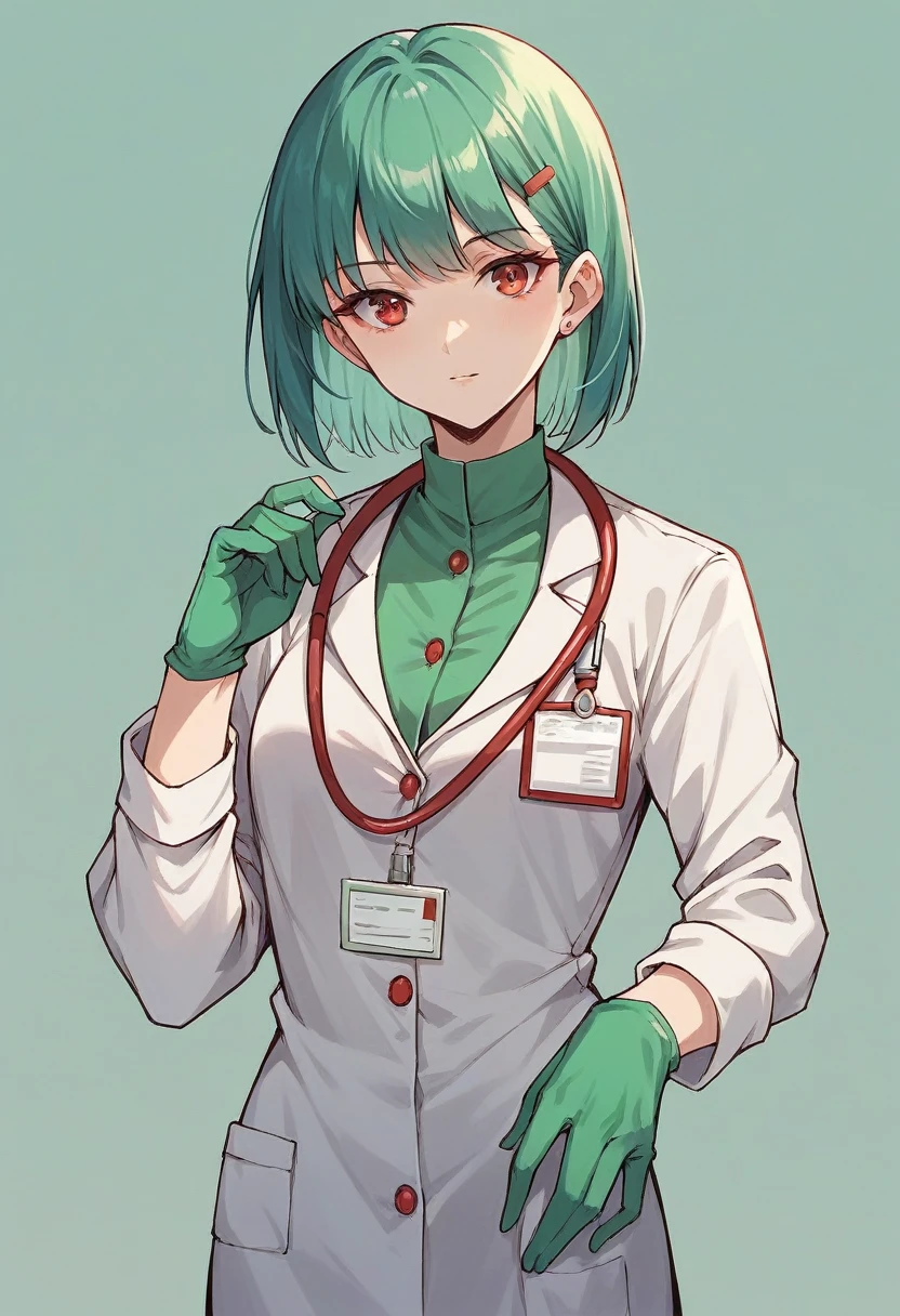 1girl, bangs, ((green medical gloves)), ((((long sleeves)))), looking at viewer, ((red doctor outfit)), standing, solo