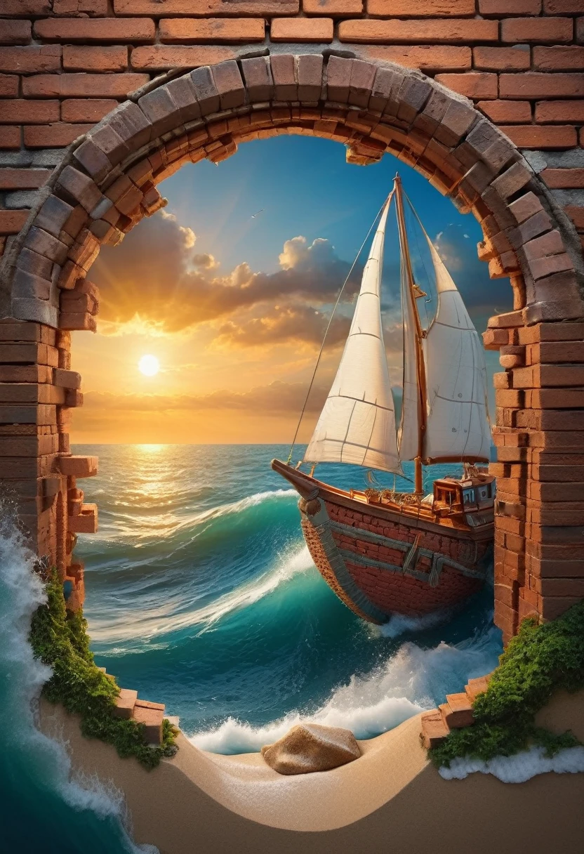 The pareidolic anamorphosis of a hole in a brick wall was transformed into a sailboat, a window to the sea. --chaos customize stylize, Miki Asai Macro photography, close-up, hyper detailed, trending on artstation, sharp focus, studio photo, intricate details, highly detailed, by greg rutkowski