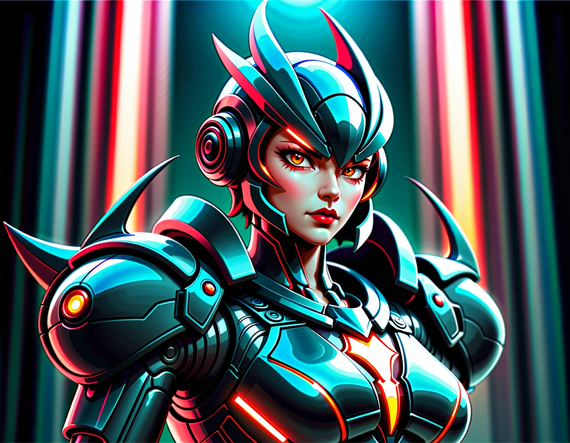 a portrait of mecha female vampire in a dark gothic cyberpunk church, an exotic exquisite beautiful mecha female vampire, dynamic hair color, short hair, dynamic eyes color, intense eyes, glowing eyes, dynamic eyes color, wearing intricate mech armor, delicate mech armor, delicate blood veins in the armor, wearing thigh high heeled boots, dark gothic cyberpunk church background, vibrant, Ultra-high resolution, High Contrast, (masterpiece:1.5), highest quality, Best aesthetics), best details, best quality, highres, 16k, (ultra detailed: 1.5), masterpiece, best quality, (extremely detailed) RAW, (ultra details, Masterpiece, best quality), Cinematic Hollywood Film, Intense gaze