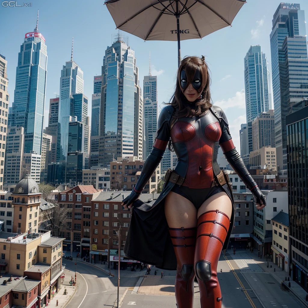 lady deadpool ,Full body photo，gtscity，skyscraper, giga gigantess (Long legs:1.2), Extremely tall girl，Beautiful looks，No branding，Perfect lighting，Cinematic quality, 8K, High quality, (GTS:1.5), down view, building seat, belly, perfekt hands