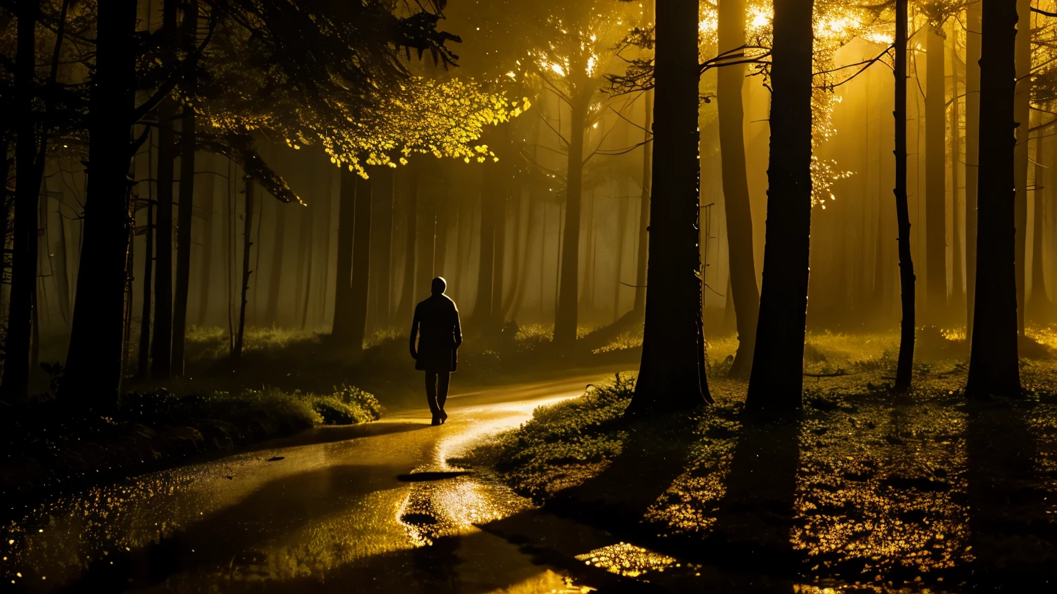 A surreal night scene in a dense forest, with a lone figure walking down a misty road. The figure is illuminated by a warm golden light, contrasting with the deep blue and black surroundings. Add glowing symbols floating in the air and a slight rain creating reflections on the wet surface. The atmosphere is mysterious and dreamlike, with a sense of hidden secrets.