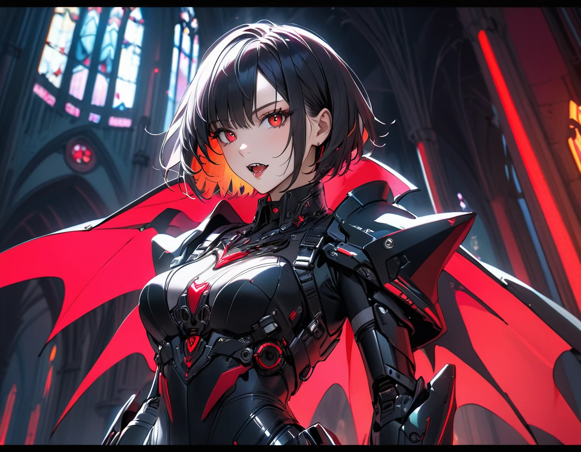 a portrait of mecha female vampire in a dark gothic cyberpunk church, an exotic exquisite beautiful mecha female vampire, dynamic hair color, short hair, dynamic eyes color, intense eyes, (vampire fangs), glowing eyes, dynamic eyes color, wearing intricate mech armor, delicate mech armor, delicate blood veins in the armor, wearing thigh high heeled boots, dark gothic cyberpunk church background, vibrant, Ultra-high resolution, High Contrast, (masterpiece:1.5), highest quality, Best aesthetics), best details, best quality, highres, 16k, (ultra detailed: 1.5), masterpiece, best quality, (extremely detailed) RAW, (ultra details, Masterpiece, best quality), Cinematic Hollywood Film, Intense gaze