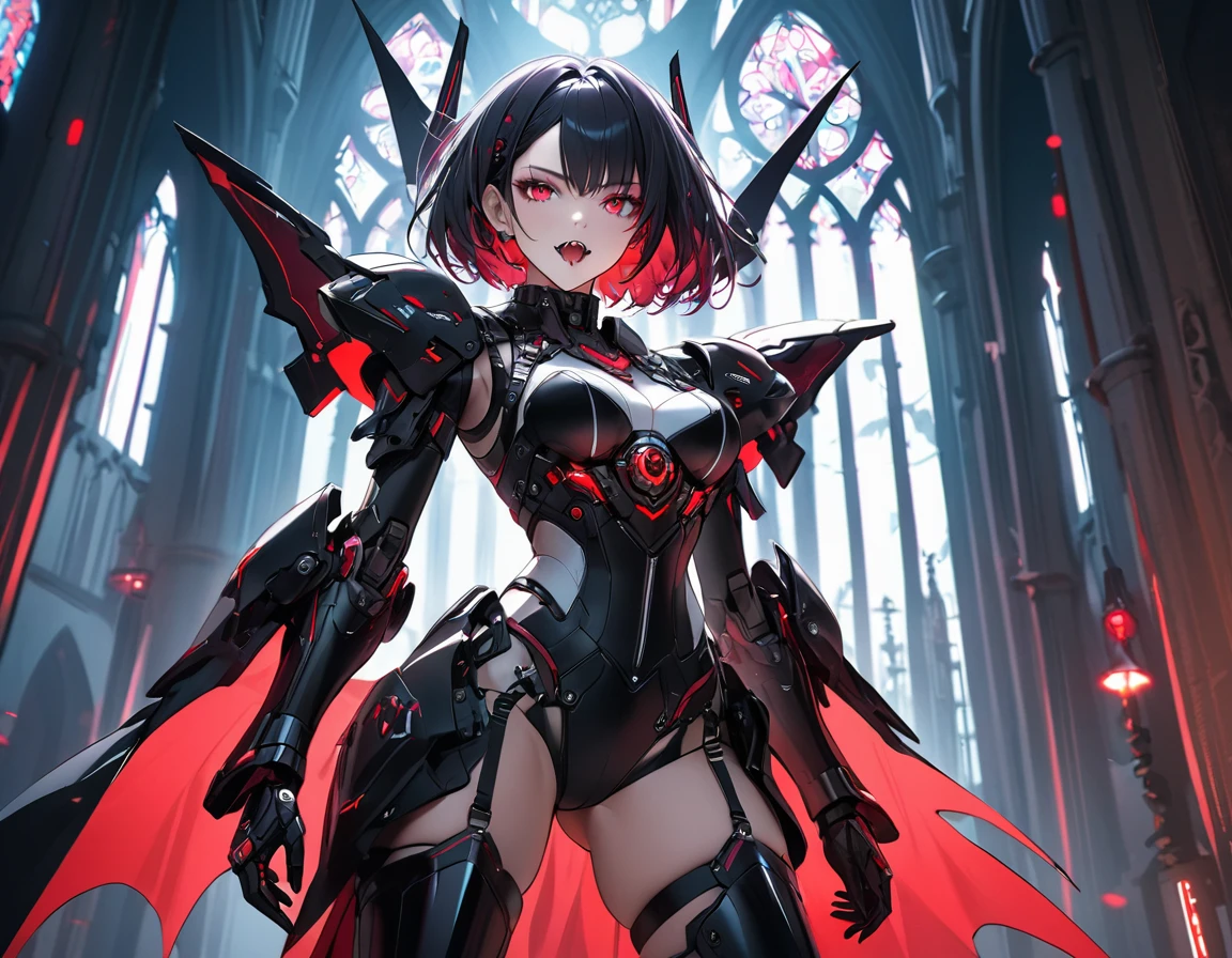 a portrait of mecha female vampire in a dark gothic cyberpunk church, an exotic exquisite beautiful mecha female vampire, dynamic hair color, short hair, dynamic eyes color, intense eyes, (vampire fangs), glowing eyes, dynamic eyes color, wearing intricate mech armor, delicate mech armor, delicate blood veins in the armor, wearing thigh high heeled boots, dark gothic cyberpunk church background, vibrant, Ultra-high resolution, High Contrast, (masterpiece:1.5), highest quality, Best aesthetics), best details, best quality, highres, 16k, (ultra detailed: 1.5), masterpiece, best quality, (extremely detailed) RAW, (ultra details, Masterpiece, best quality), Cinematic Hollywood Film, Intense gaze