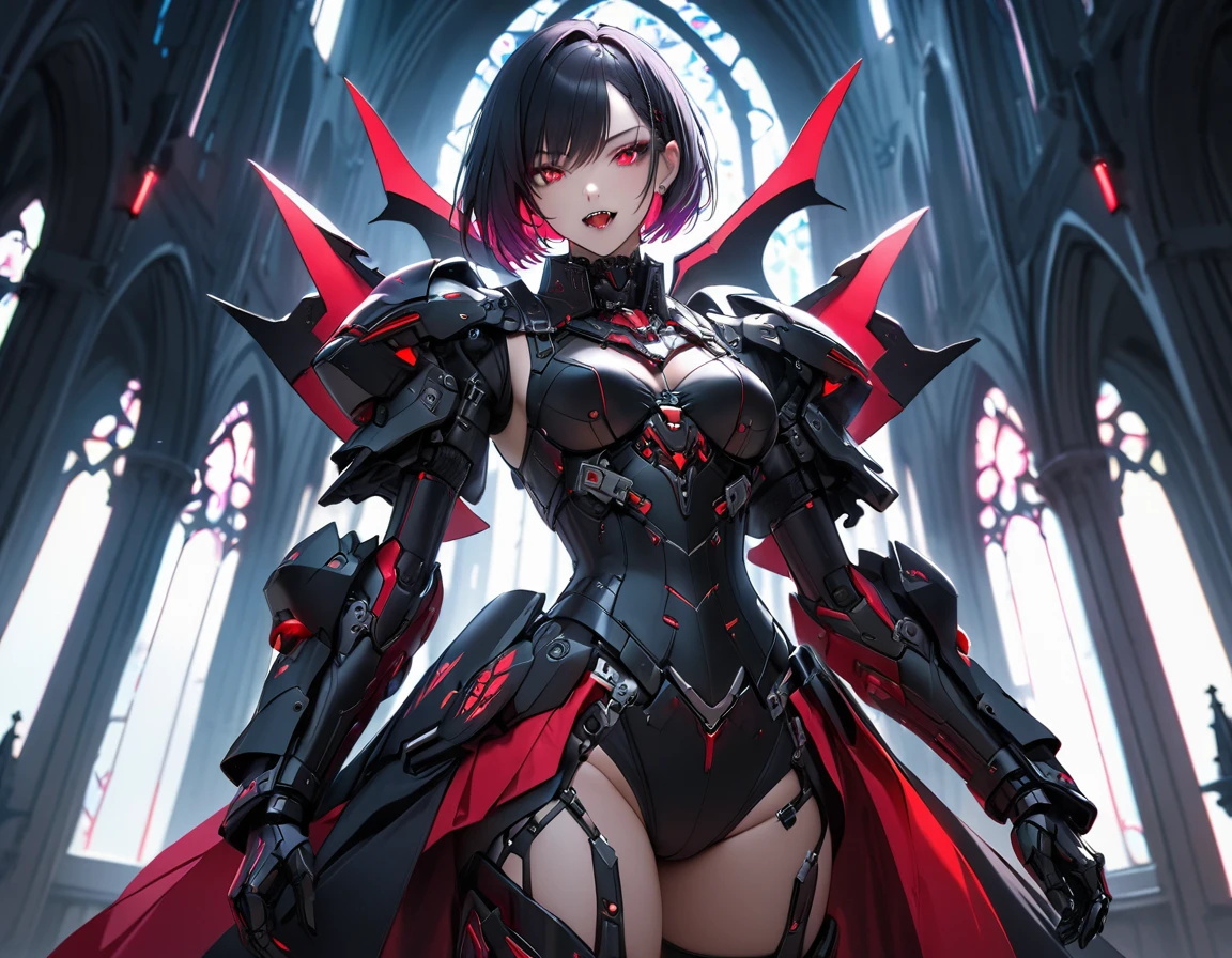 a portrait of mecha female vampire in a dark gothic cyberpunk church, an exotic exquisite beautiful mecha female vampire, dynamic hair color, short hair, dynamic eyes color, intense eyes, (vampire fangs), glowing eyes, dynamic eyes color, wearing intricate mech armor, delicate mech armor, delicate blood veins in the armor, wearing thigh high heeled boots, dark gothic cyberpunk church background, vibrant, Ultra-high resolution, High Contrast, (masterpiece:1.5), highest quality, Best aesthetics), best details, best quality, highres, 16k, (ultra detailed: 1.5), masterpiece, best quality, (extremely detailed) RAW, (ultra details, Masterpiece, best quality), Cinematic Hollywood Film, Intense gaze