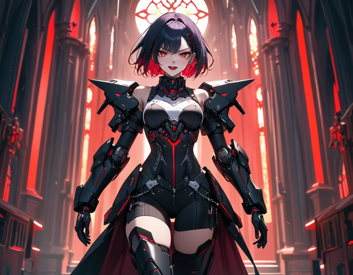 a portrait of mecha female vampire in a dark gothic cyberpunk church, an exotic exquisite beautiful mecha female vampire, dynamic hair color, short hair, dynamic eyes color, intense eyes, (vampire fangs), glowing eyes, dynamic eyes color, wearing intricate mech armor, delicate mech armor, delicate blood veins in the armor, wearing thigh high heeled boots, dark gothic cyberpunk church background, vibrant, Ultra-high resolution, High Contrast, (masterpiece:1.5), highest quality, Best aesthetics), best details, best quality, highres, 16k, (ultra detailed: 1.5), masterpiece, best quality, (extremely detailed) RAW, (ultra details, Masterpiece, best quality), Cinematic Hollywood Film, Intense gaze
