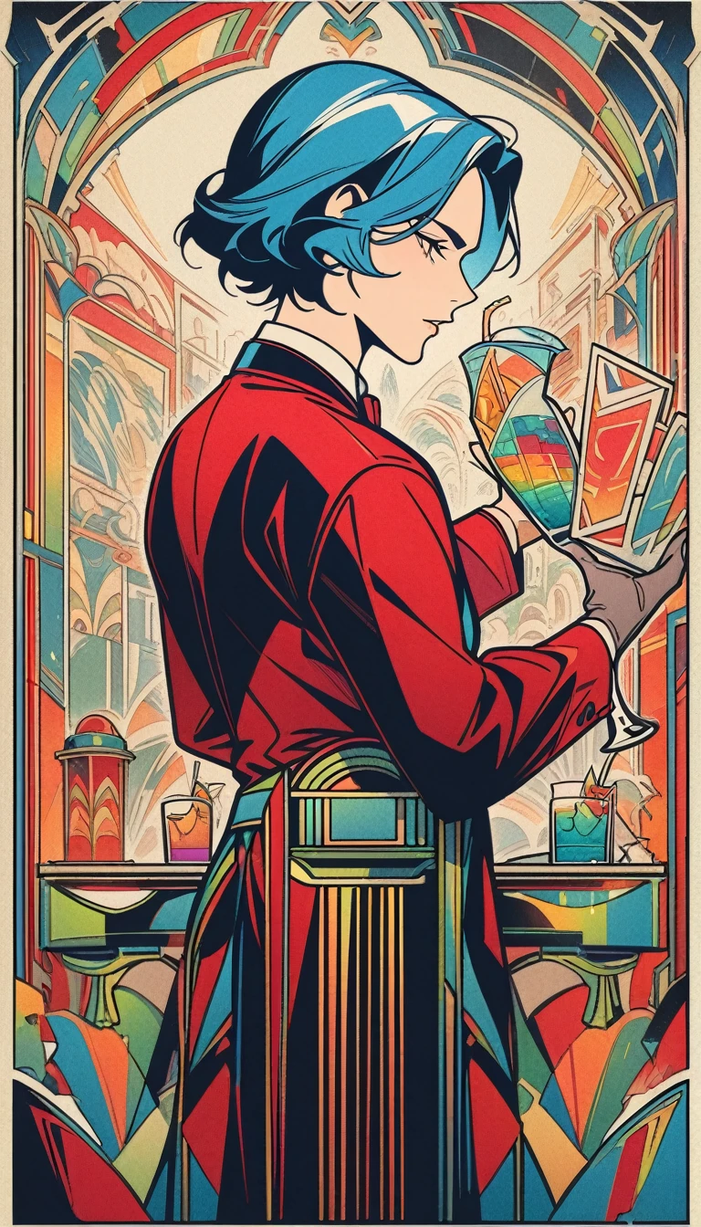 art deco, card, frames, vintage, bar, drinks, art deco poster, high quality, bartender, man, blue hair, red clothes, masterpiece, detailed, line art, straight lines, clear art, colorful, saturated