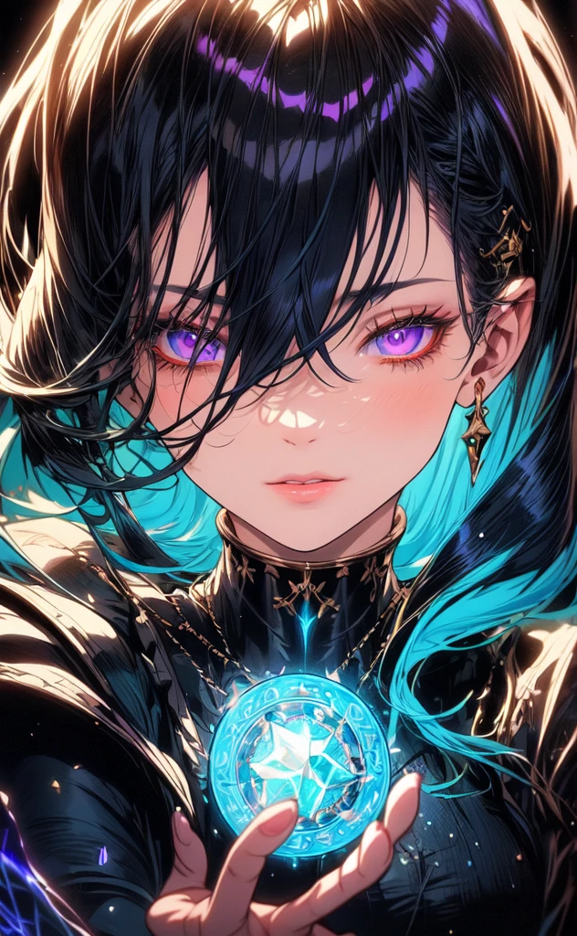 (masterpiece, best quality, ultra-detailed, best shadow), (detailed background,dark fantasy), (beautiful detailed face), high contrast, (best illumination, an extremely delicate and beautiful), ((cinematic light)), colorful, hyper detail, dramatic light, intricate details, (1girl, solo,blue with green hair, sharp face,purple eyes, hair between eyes,dynamic angle), blood splatter, swirling black light around the character, depth of field,black light particles,(broken glass),magic circle,