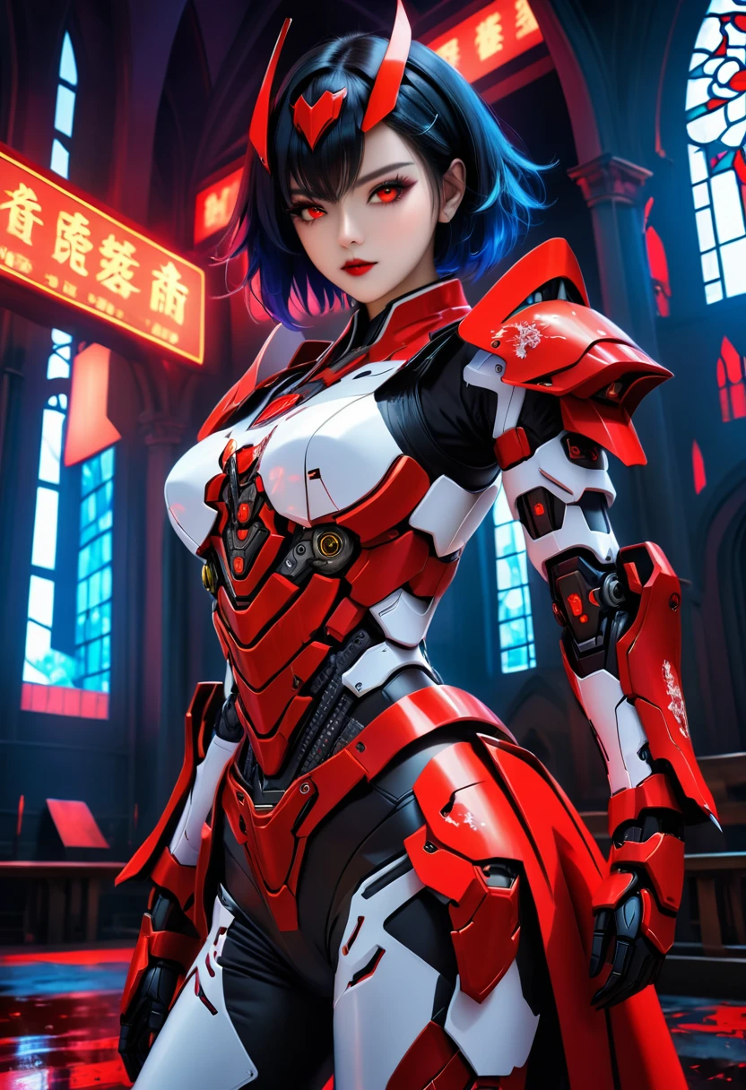 a portrait of mecha female vampire in a dark gothic cyberpunk church, an exotic exquisite beautiful mecha female vampire, dynamic hair color, short hair, dynamic eyes color, intense eyes,  glowing eyes, dynamic eyes color, wearing intricate mech armor, delicate mech armor, delicate blood veins in the armor, wearing thigh high heeled boots, dark gothic cyberpunk church background, vibrant, Ultra-high resolution, High Contrast, (masterpiece:1.5), highest quality, Best aesthetics), best details, best quality, highres, 16k, (ultra detailed: 1.5), masterpiece, best quality, (extremely detailed) RAW, (ultra details, Masterpiece, best quality), Dark Art Painting Style